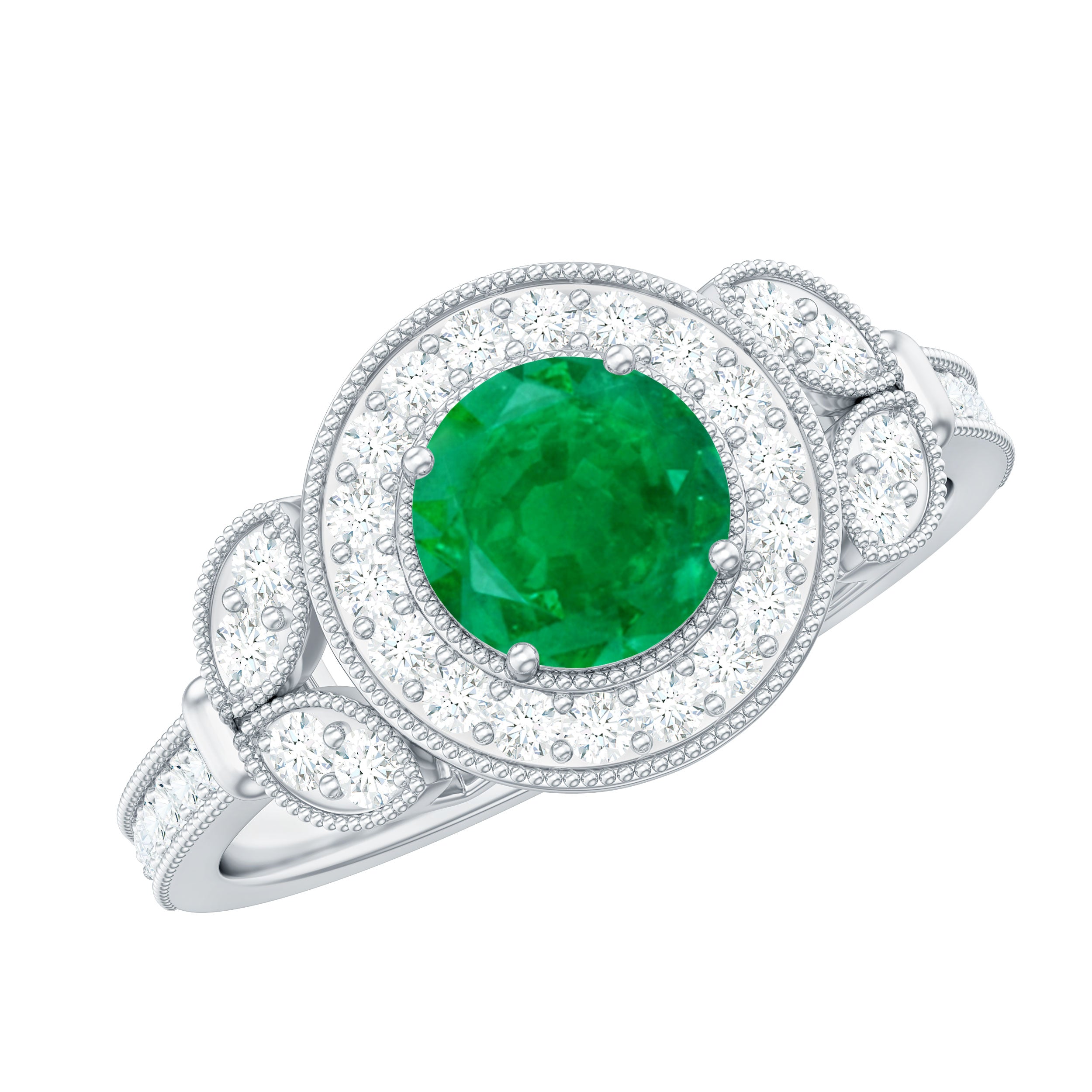 Vintage Inspired Emerald Diamond Engagement Ring Emerald - ( AAA ) - Quality - Rosec Jewels