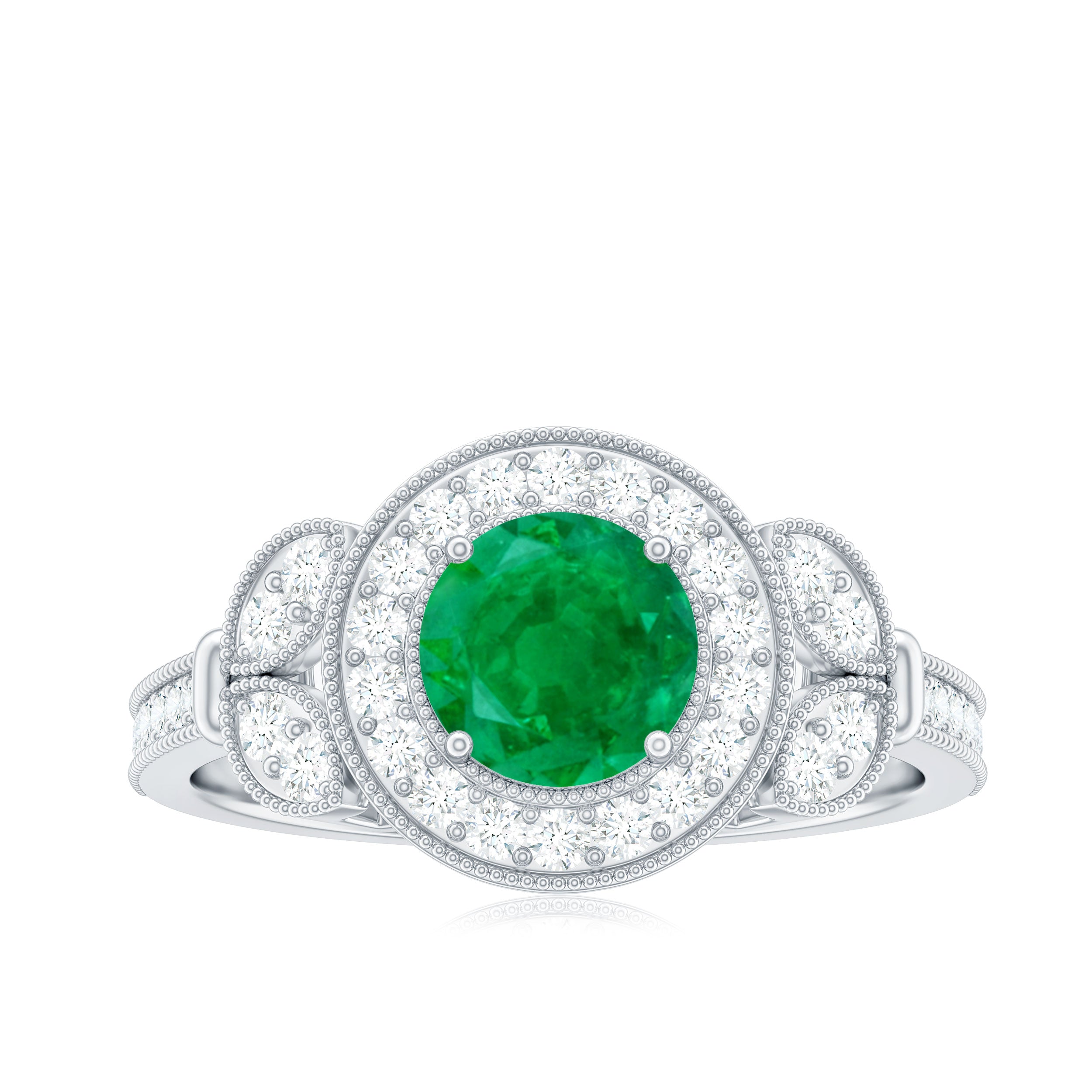 Vintage Inspired Emerald Diamond Engagement Ring Emerald - ( AAA ) - Quality - Rosec Jewels