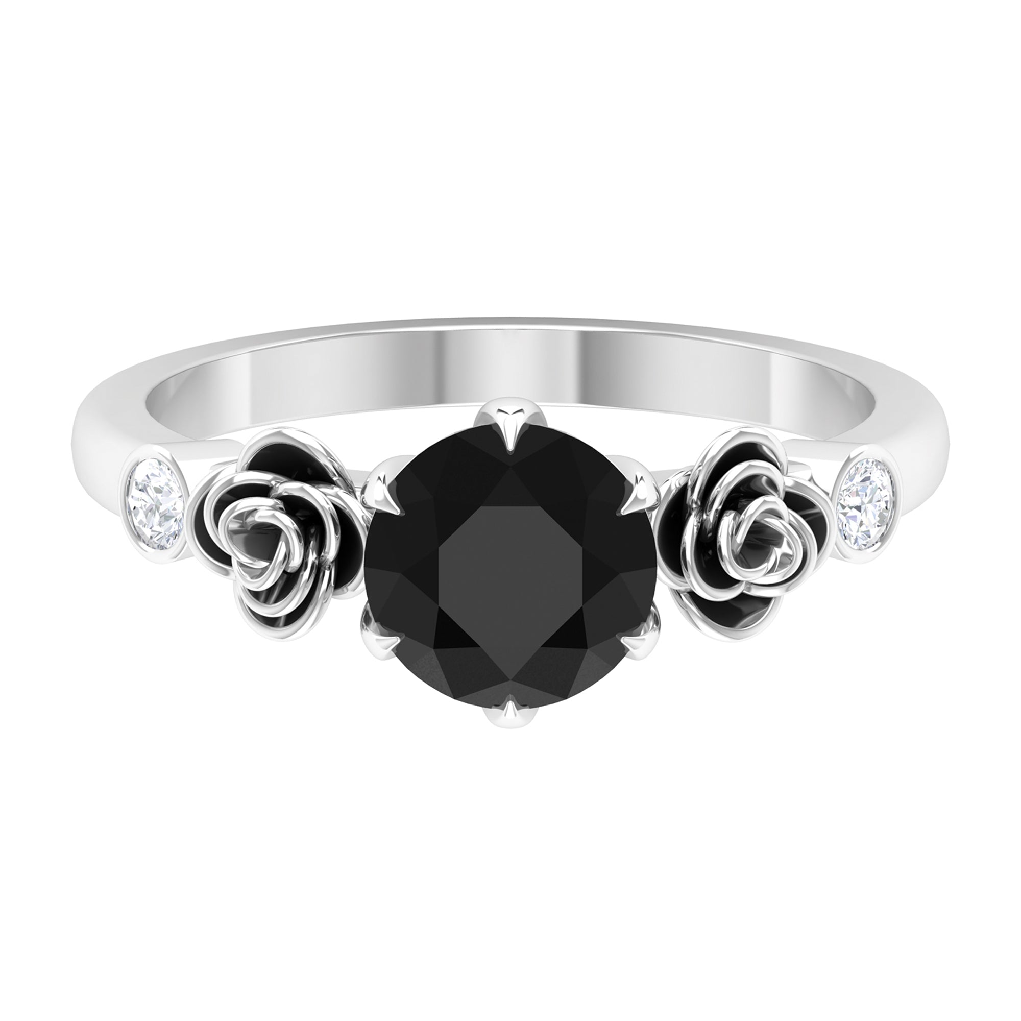 1.50 CT Solitaire Black Spinel Flower Ring with Diamond Side Stones Black Spinel - ( AAA ) - Quality - Rosec Jewels