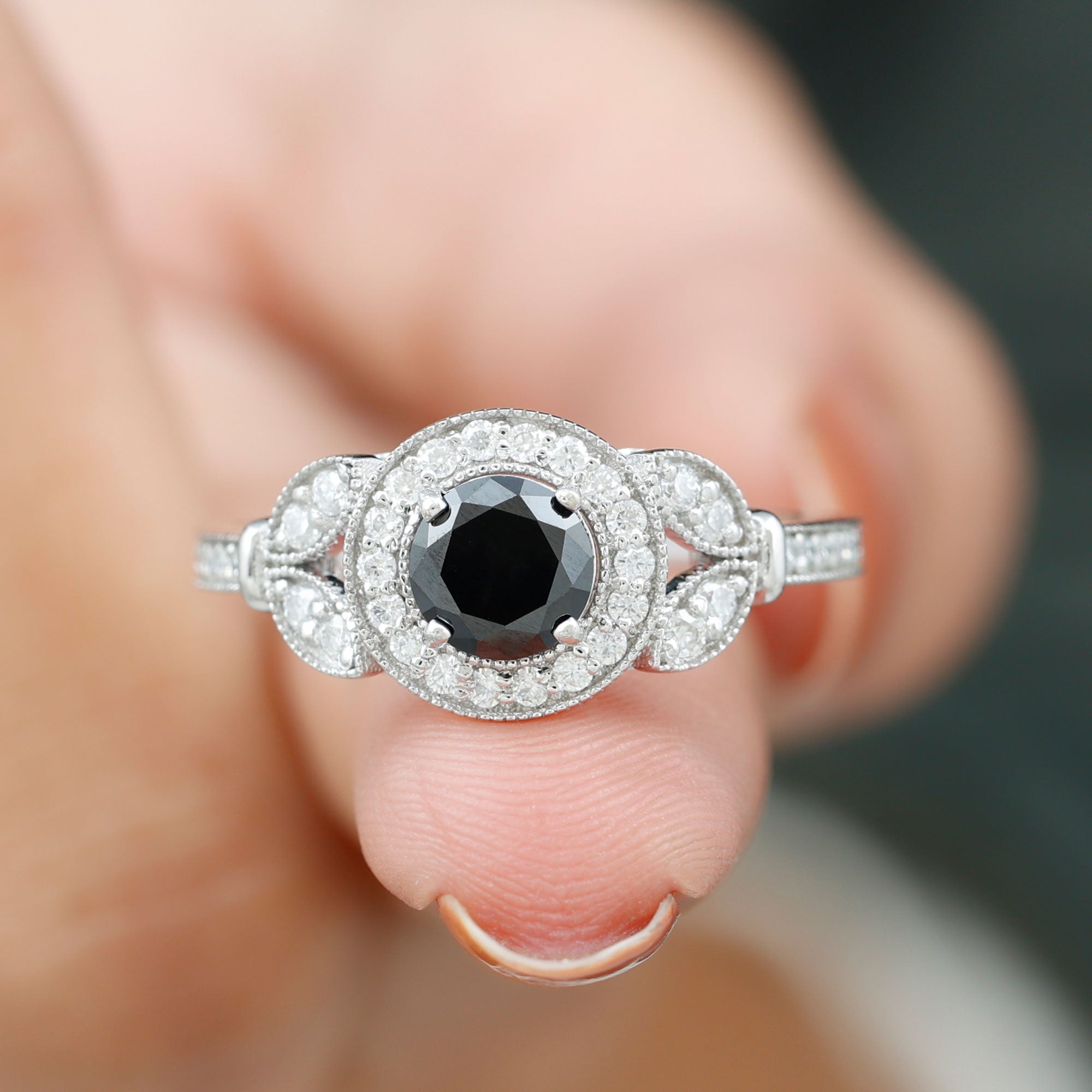 Certified Created Black Diamond Vintage Style Engagement Ring with Dia Rosec Jewels