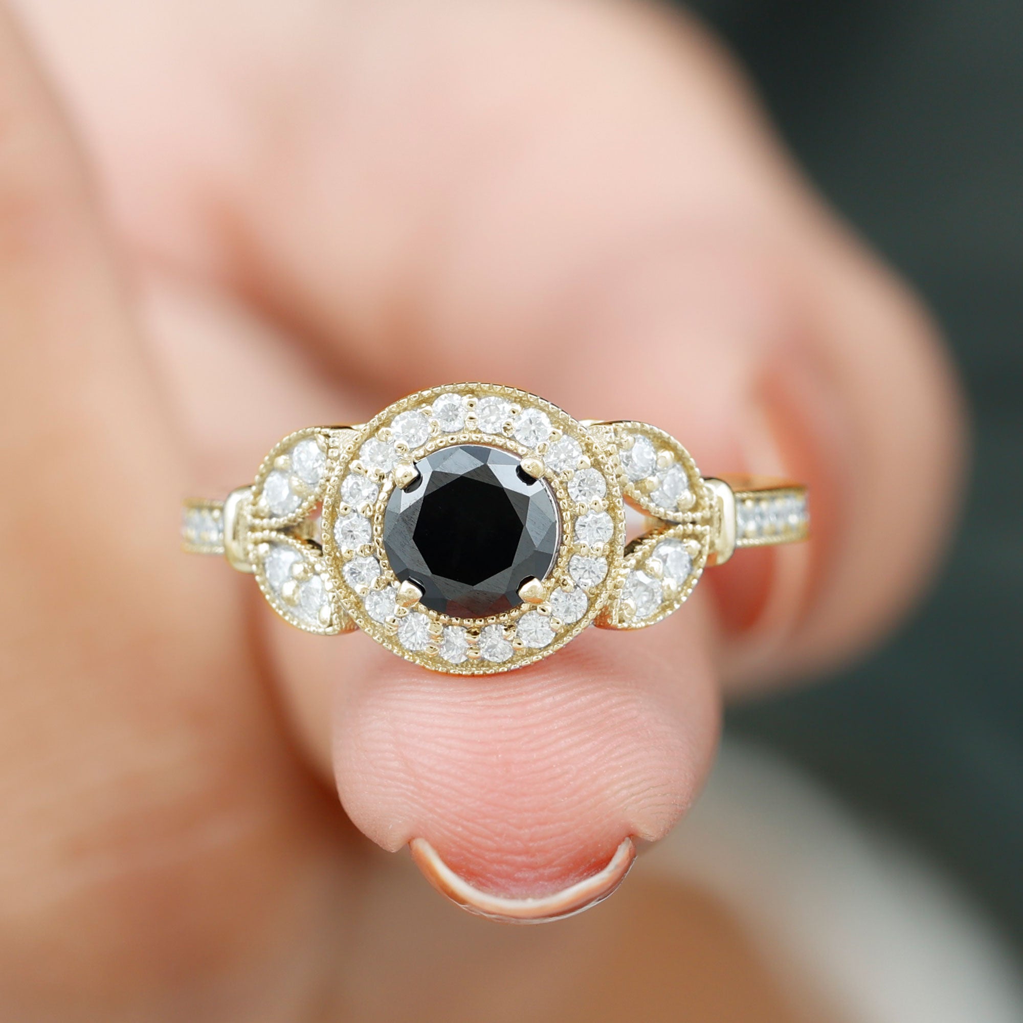 Vintage Inspired Black Onyx and Diamond Engagement Ring Black Onyx - ( AAA ) - Quality - Rosec Jewels