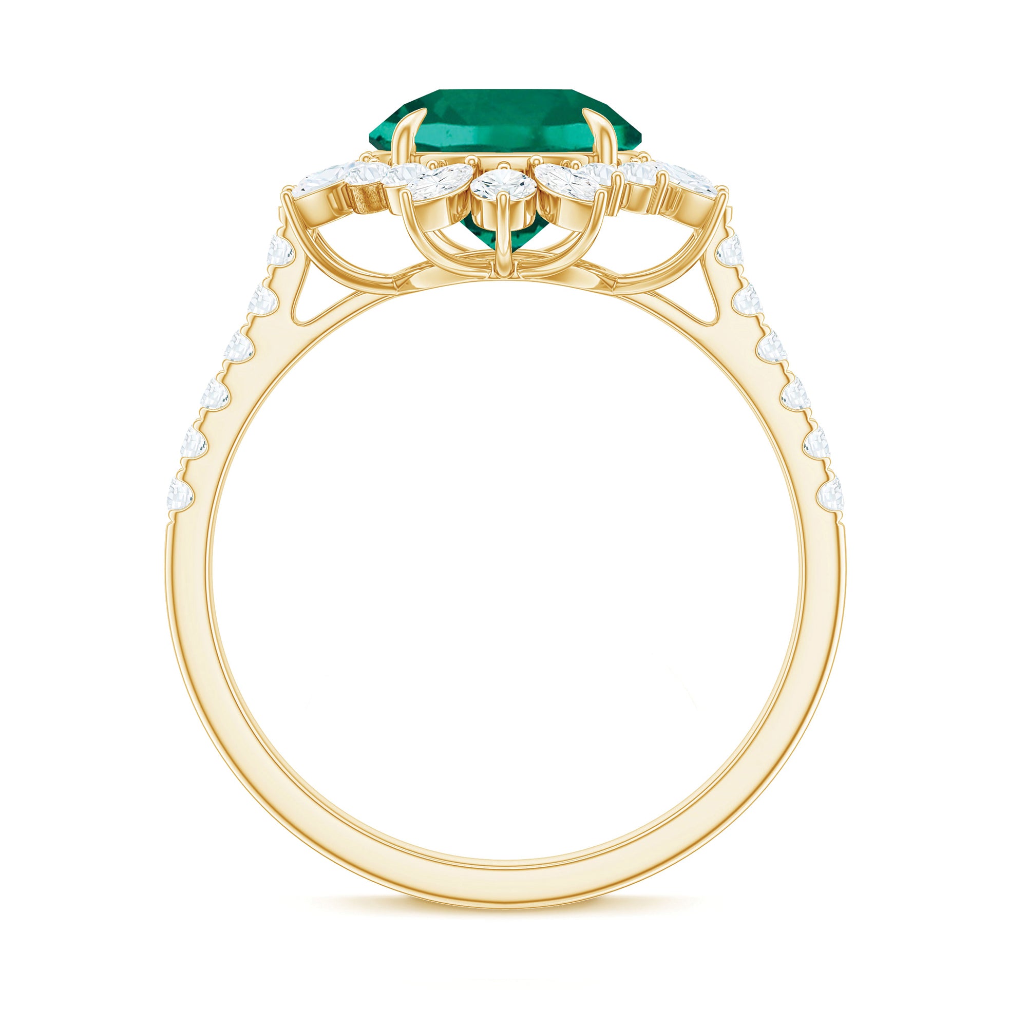 Lab-Created Emerald Cocktail Ring with Moissanite Floral Halo Lab Created Emerald - ( AAAA ) - Quality - Rosec Jewels