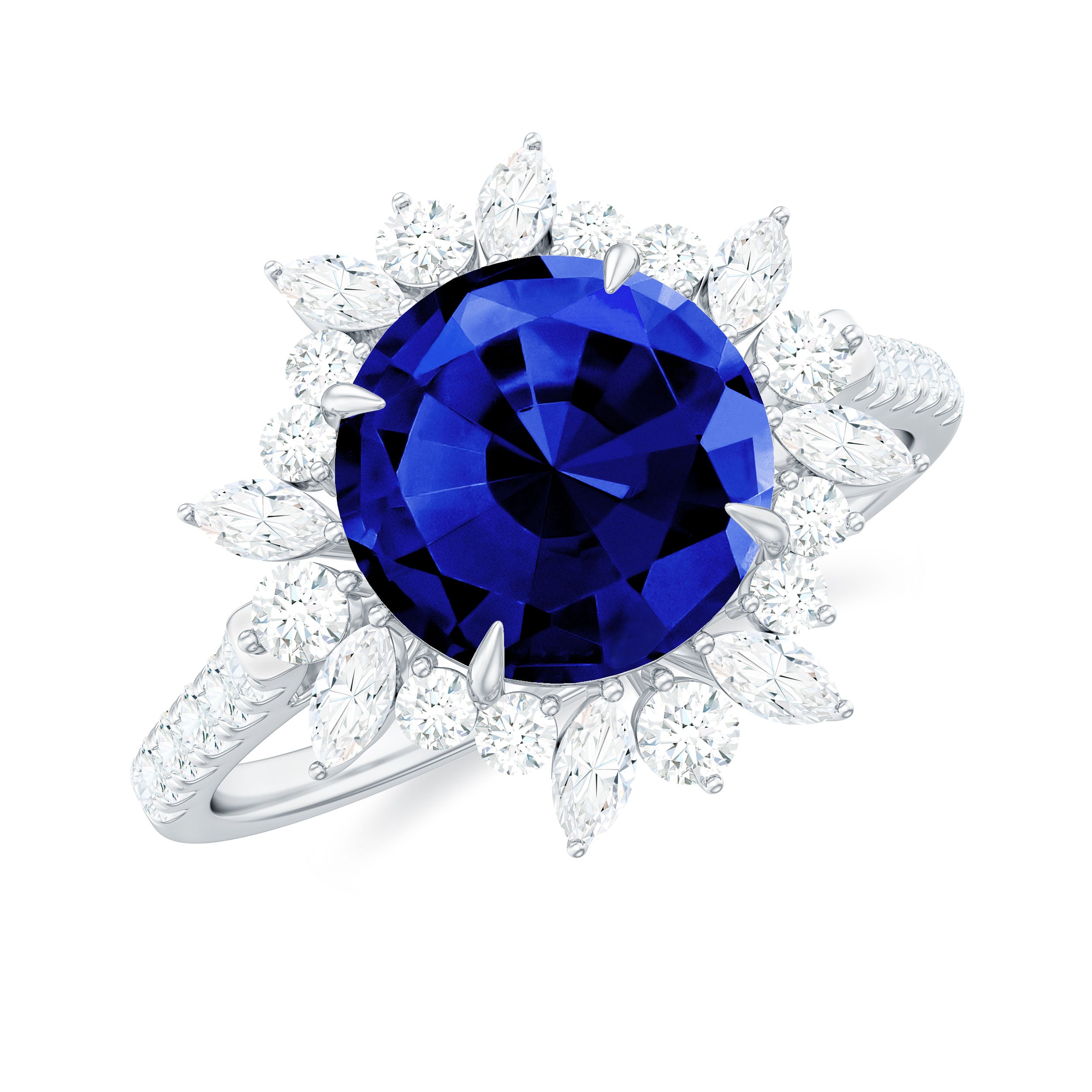 Rosec Jewels-Lab-Created Blue Sapphire Cocktail Ring with Diamond Floral Halo