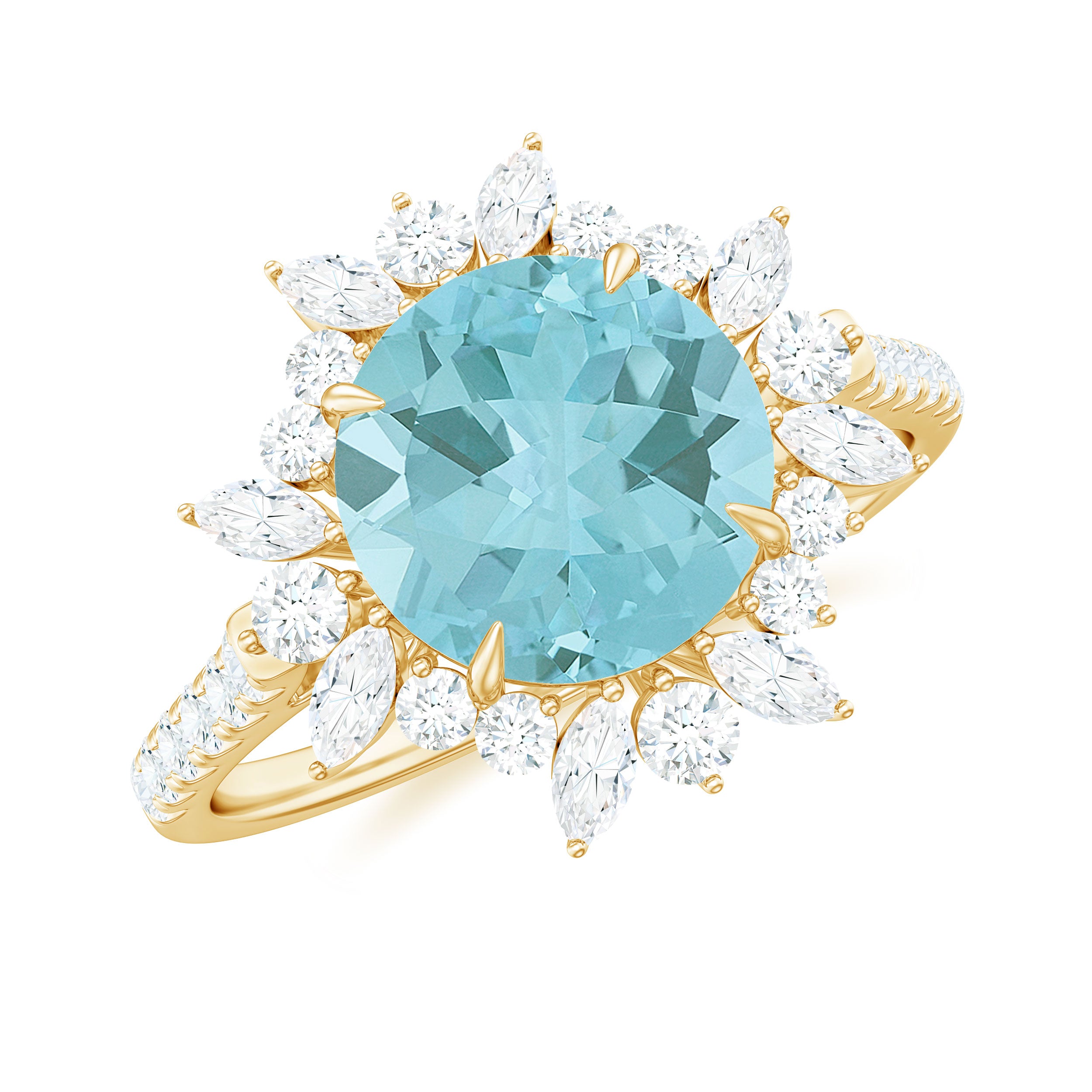 Round Sky Blue Topaz Statement Engagement Ring with Moissanite Floral Halo Sky Blue Topaz - ( AAA ) - Quality - Rosec Jewels
