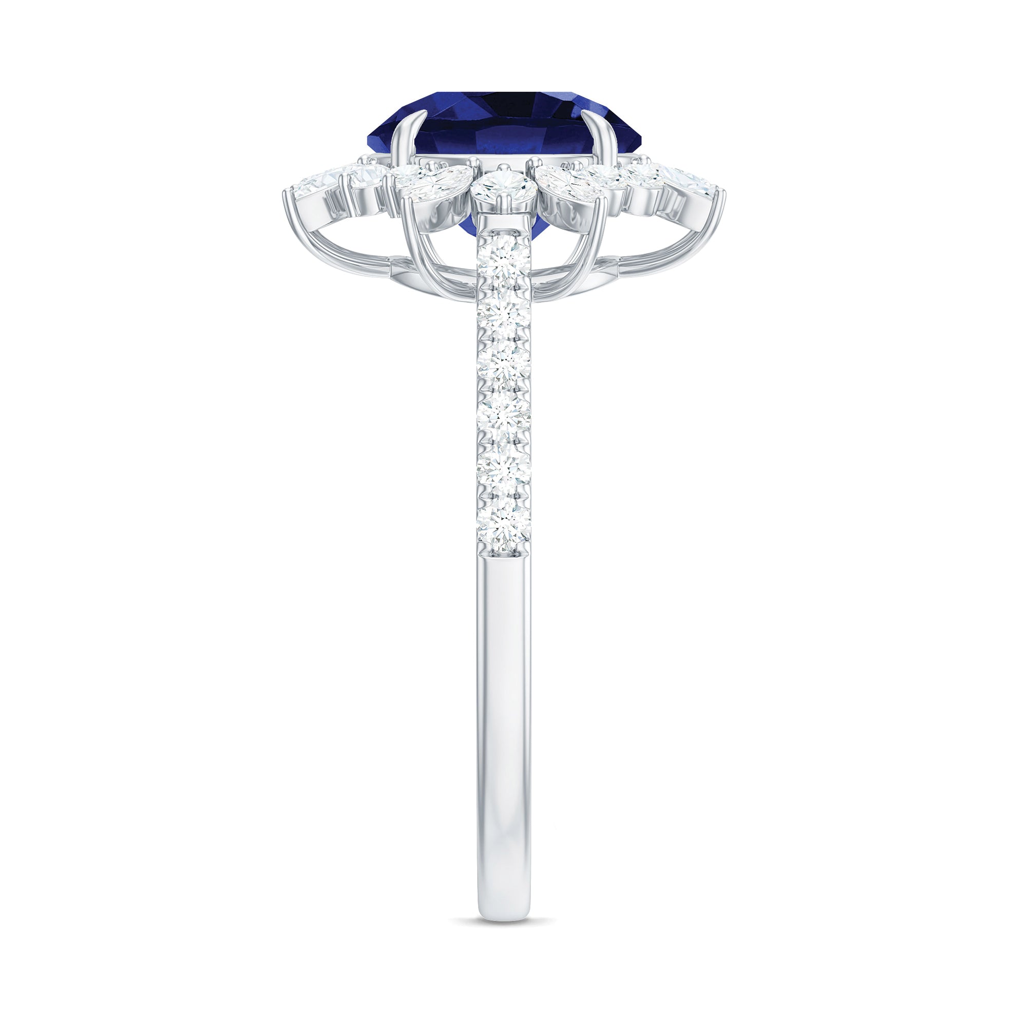 Lab Grown Blue Sapphire And Moissanite Floral Inspired Ring Lab Created Blue Sapphire - ( AAAA ) - Quality - Rosec Jewels
