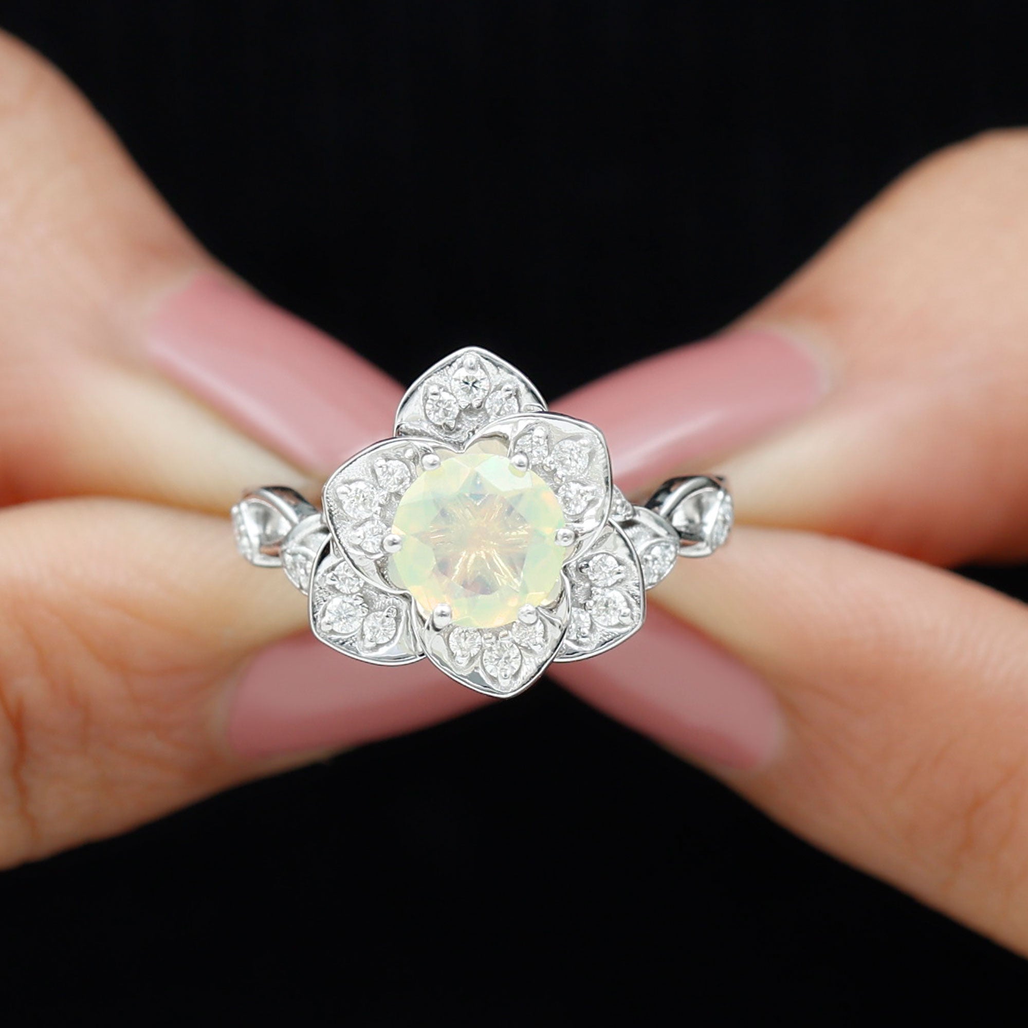 Rosec Jewels-Ethiopian Opal Flower Engagement Ring with Diamond Accent