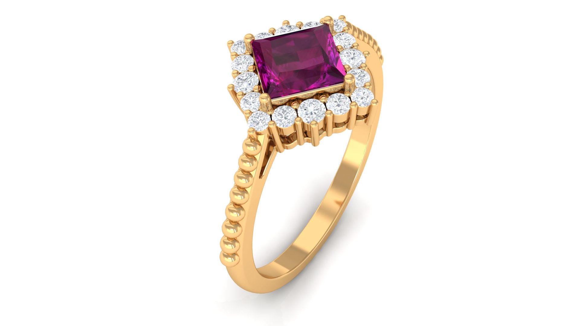 Princess Cut Rhodolite and Moissanite Halo Ring with Beaded Gold Rhodolite - ( AAA ) - Quality - Rosec Jewels