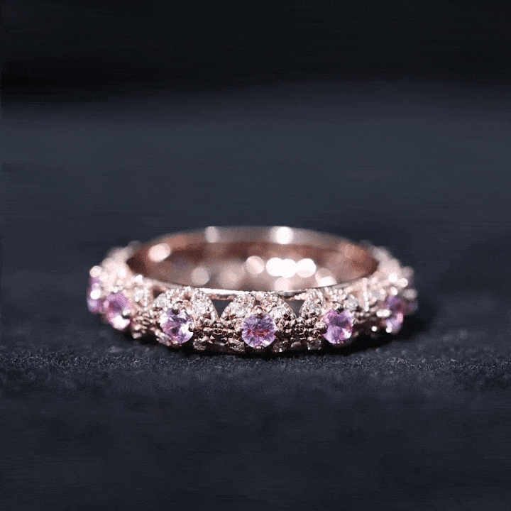 Vintage Inspired Lab Grown Pink Sapphire and Diamond Wedding Band Lab Created Pink Sapphire - ( AAAA ) - Quality - Rosec Jewels