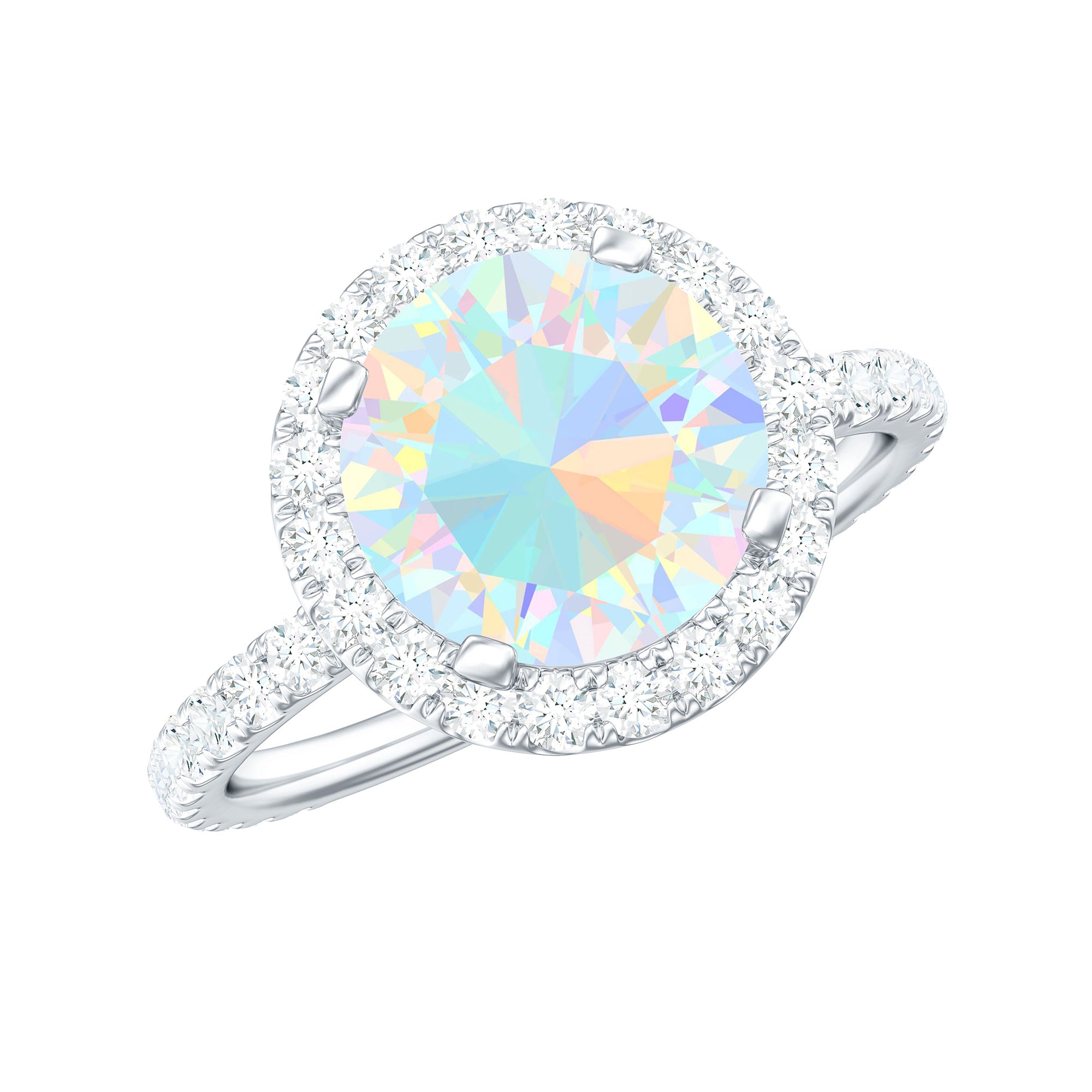 Rosec Jewels-Round Ethiopian Opal Halo Engagement Ring with Moissanite