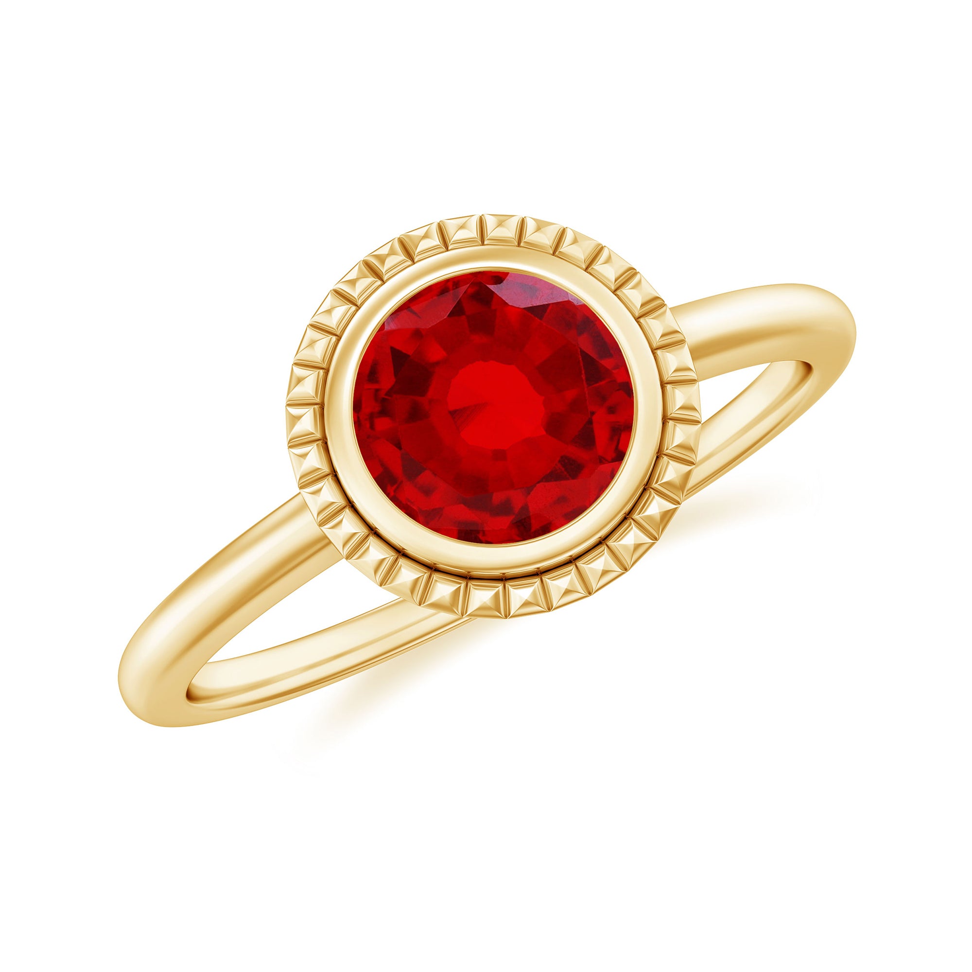 Round Lab-Created Ruby Solitaire Gold Ring in Bezel Setting Lab Created Ruby - ( AAAA ) - Quality - Rosec Jewels