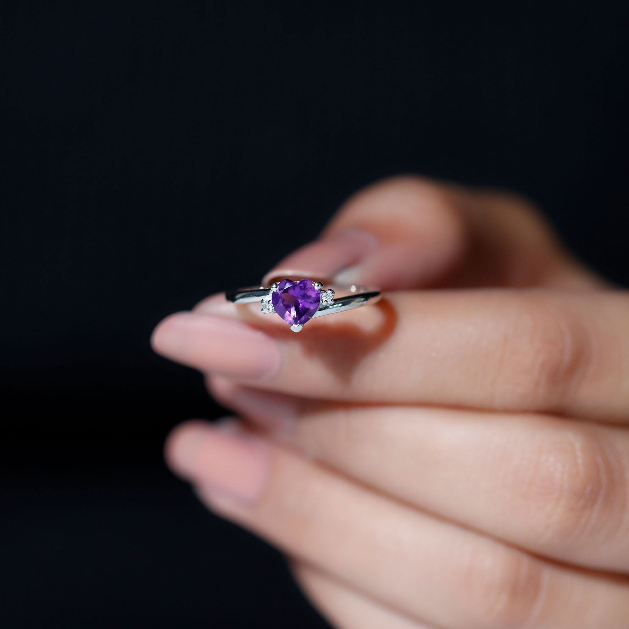 Rosec Jewels-Heart Shape Amethyst Solitaire Promise Ring with Moissanite