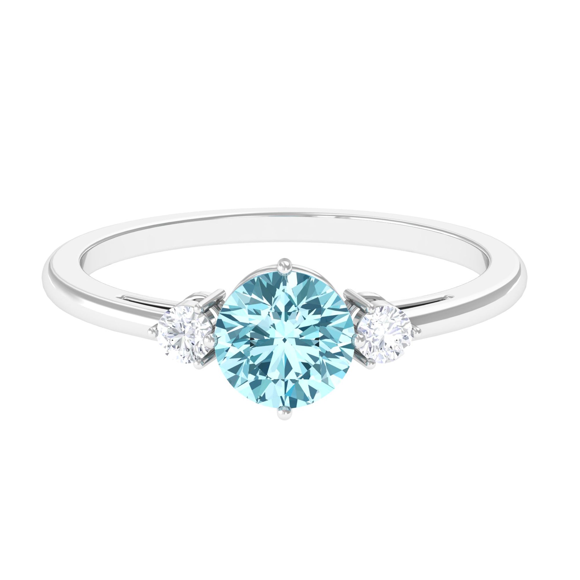 1 CT Aquamarine and Diamond Three Stone Minimal Ring Aquamarine - ( AAA ) - Quality - Rosec Jewels