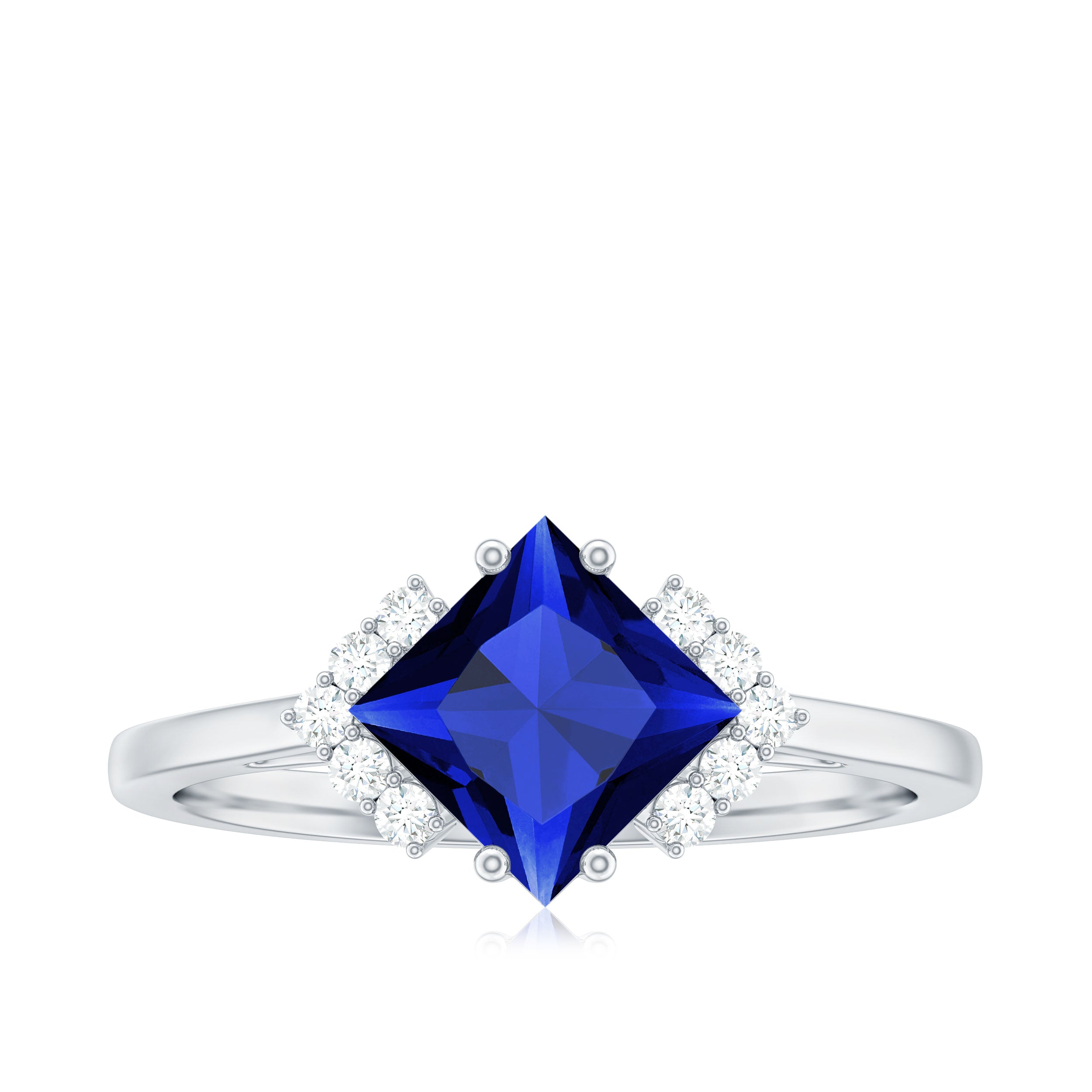 Princess Cut Created Blue Sapphire Engagement Ring with Diamond Accent Lab Created Blue Sapphire - ( AAAA ) - Quality - Rosec Jewels