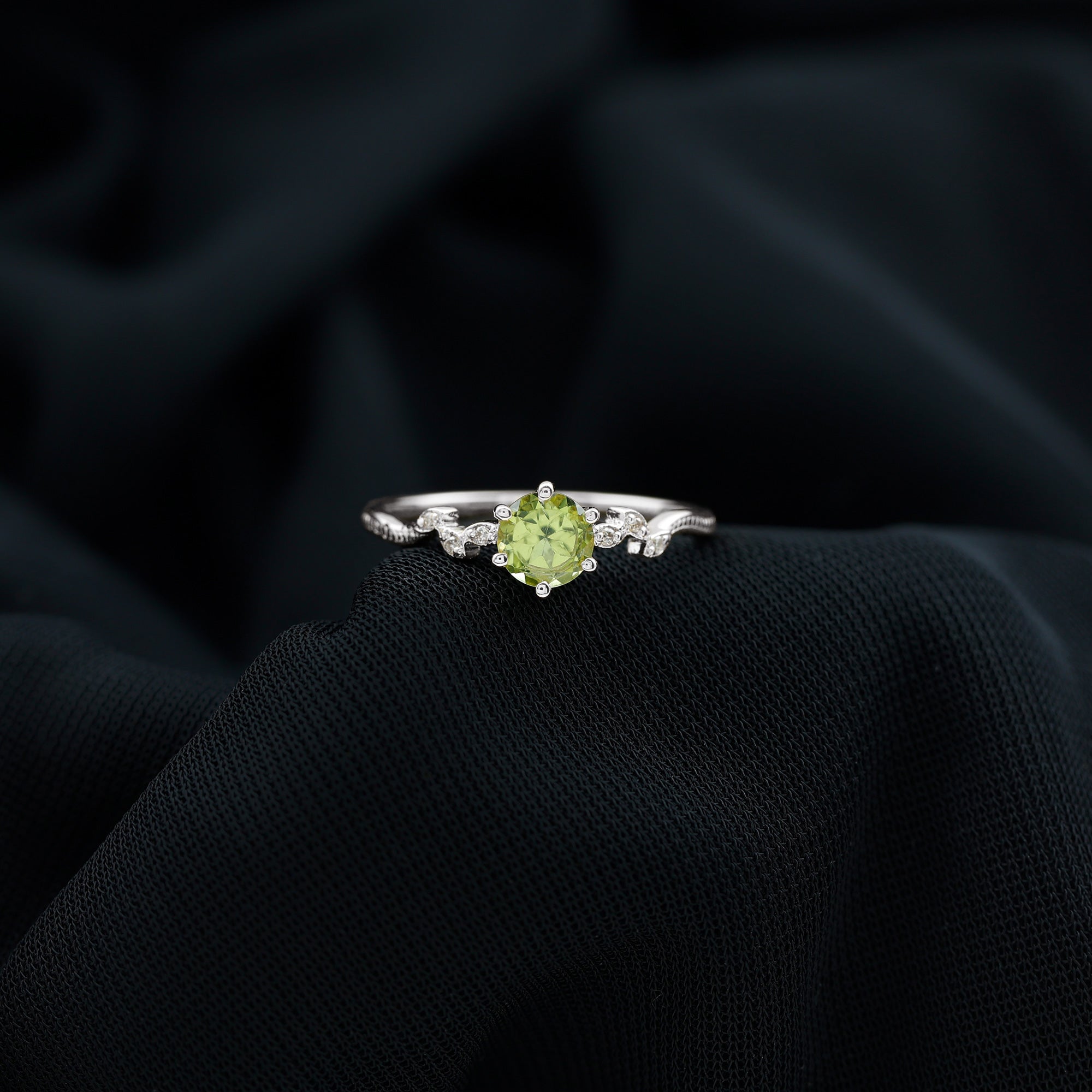 Round Peridot and Diamond Leaf Promise Ring with Beaded Detailing Peridot - ( AAA ) - Quality - Rosec Jewels