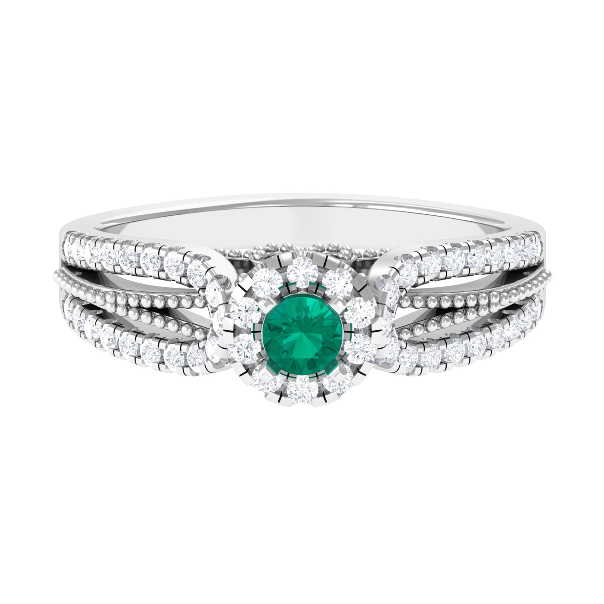 Real Emerald and Diamond Designer Engagement Ring in Split Shank Emerald - ( AAA ) - Quality - Rosec Jewels