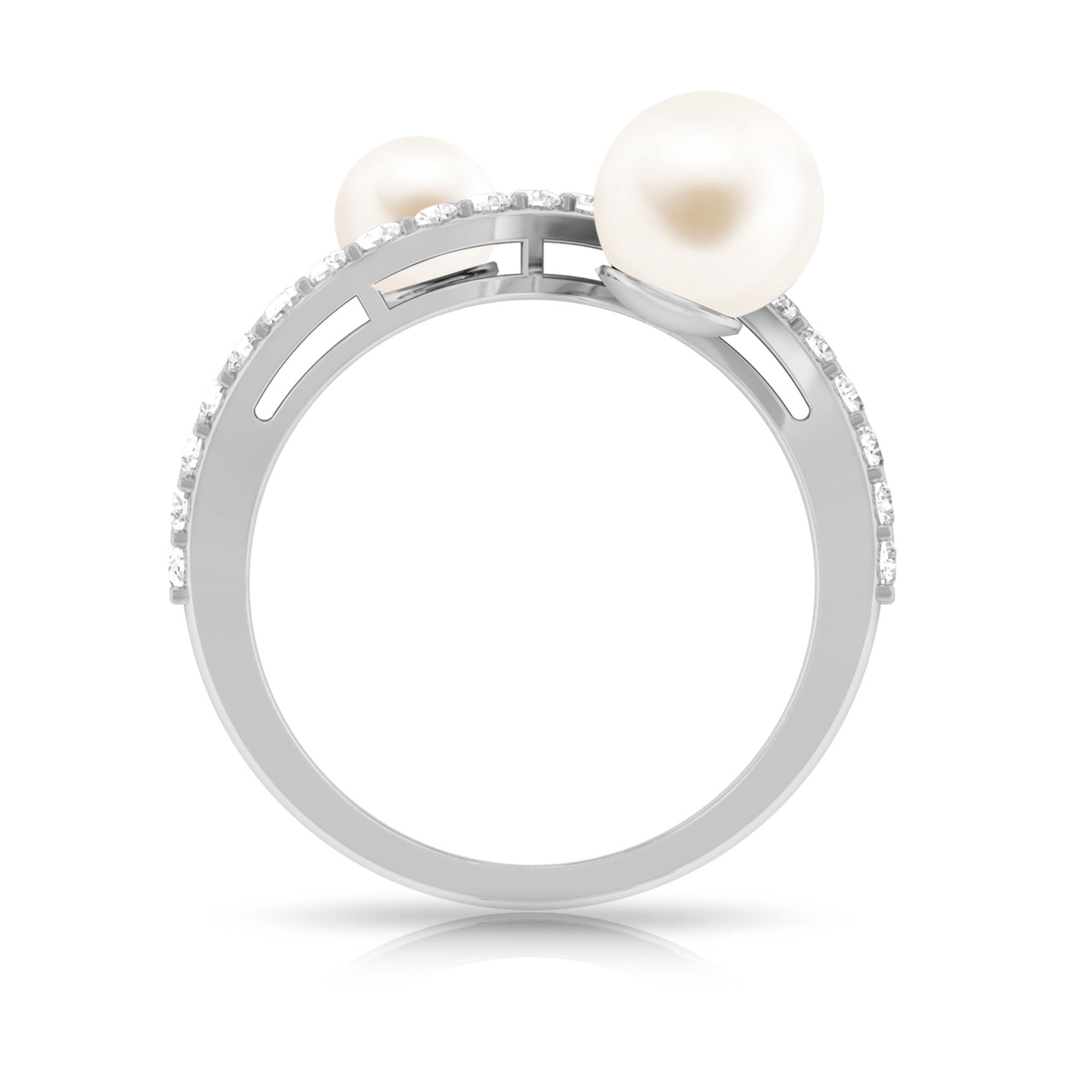 2 Stone Freshwater Pearl Cocktail Ring with Diamond Curved Band Freshwater Pearl - ( AAA ) - Quality - Rosec Jewels