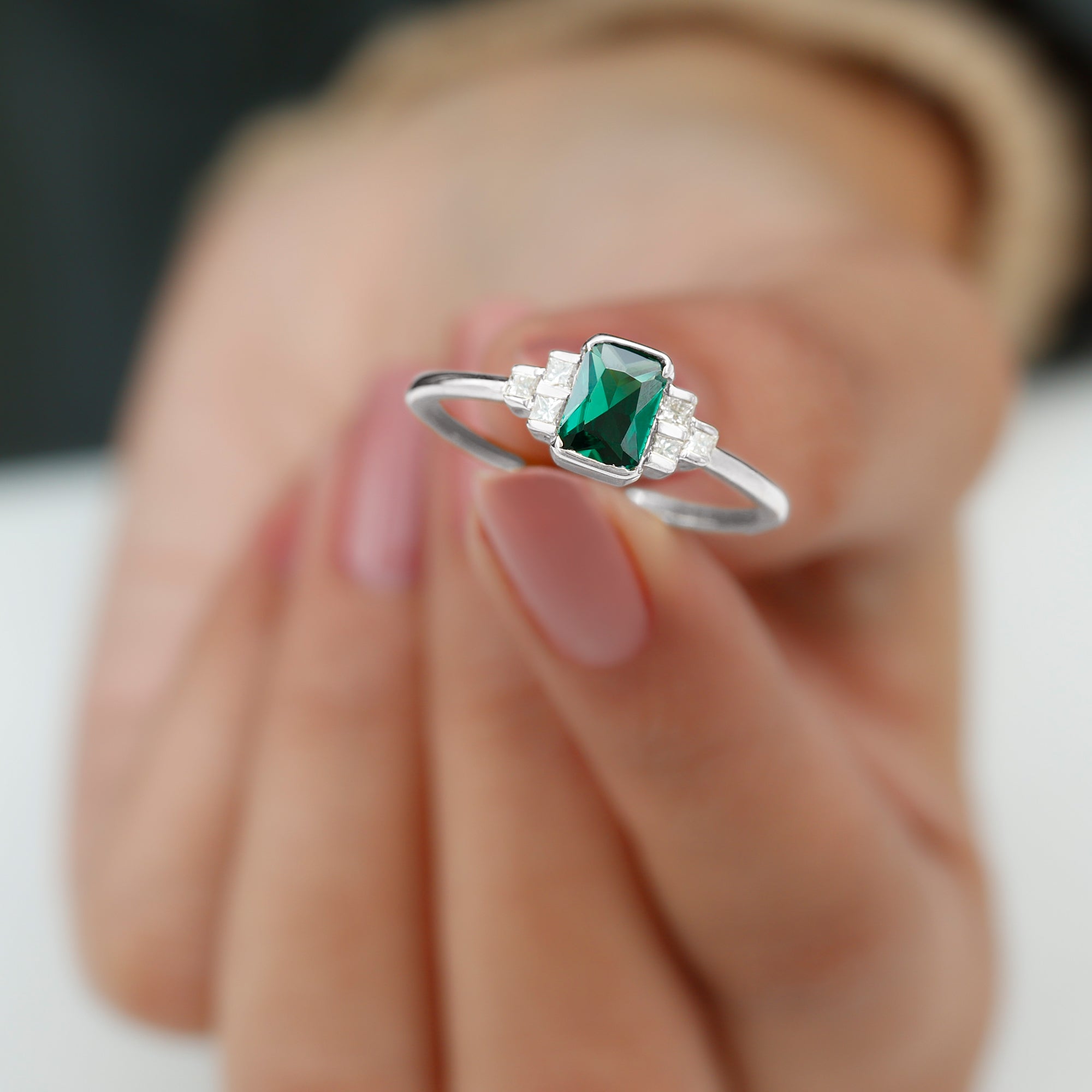 Half Bezel Set Lab Grown Emerald and Diamond Engagement Ring Lab Created Emerald - ( AAAA ) - Quality - Rosec Jewels