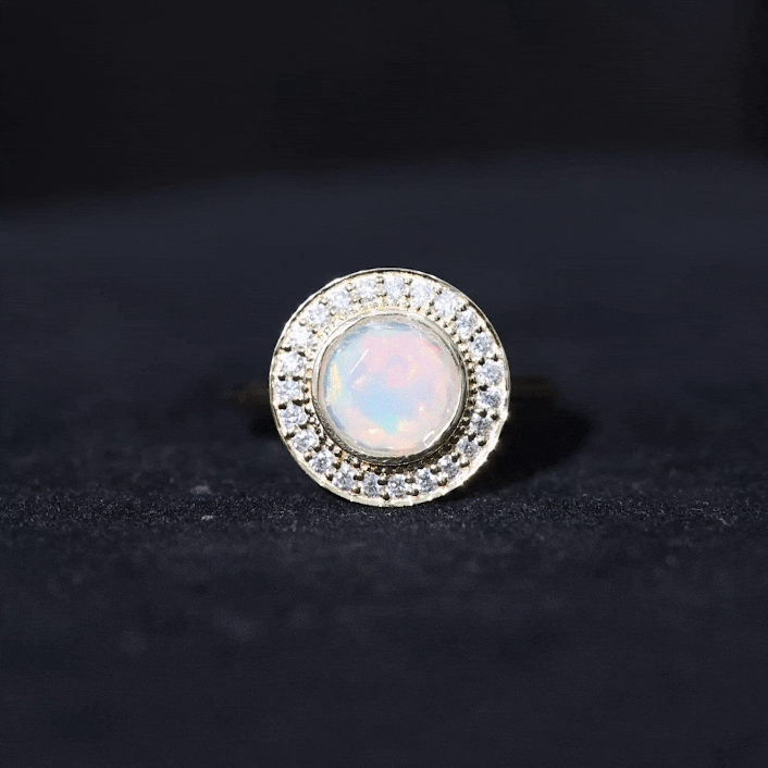 Vintage Inspired Ethiopian Opal Engagement Ring with Diamond Halo Ethiopian Opal - ( AAA ) - Quality - Rosec Jewels