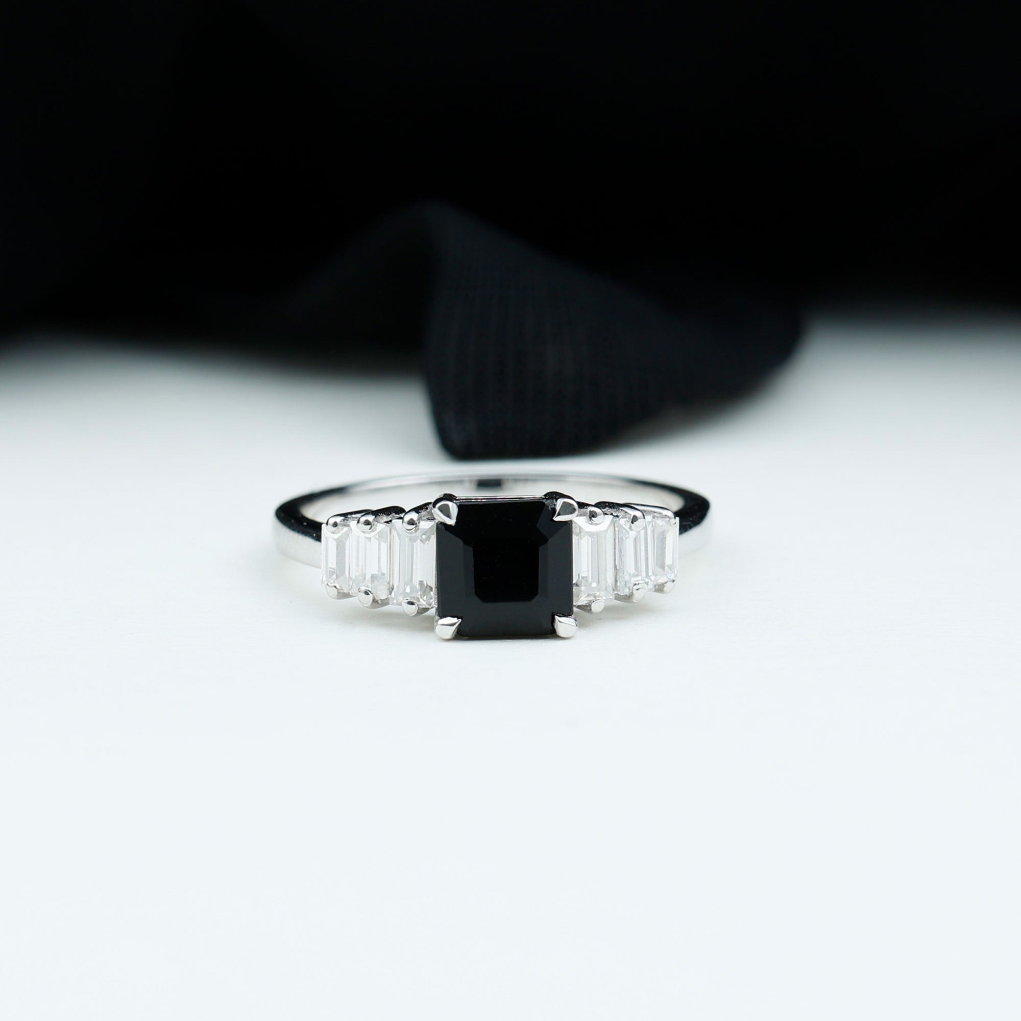 Rosec Jewels-Asscher Black Onyx Engagement Ring with Moissanite