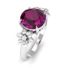 Round Rhodolite Solitaire Flower Engagement Ring with Diamond Rhodolite - ( AAA ) - Quality - Rosec Jewels