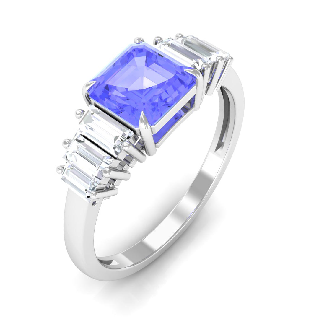 Asscher Cut Tanzanite Designer Engagement Ring with Baguette Moissanite Tanzanite - ( AAA ) - Quality - Rosec Jewels