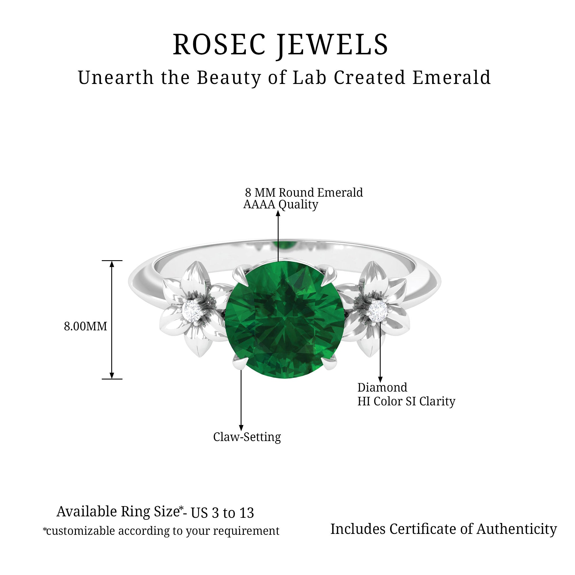 Created Emerald Solitaire Flower Engagement Ring with Diamond Lab Created Emerald - ( AAAA ) - Quality - Rosec Jewels