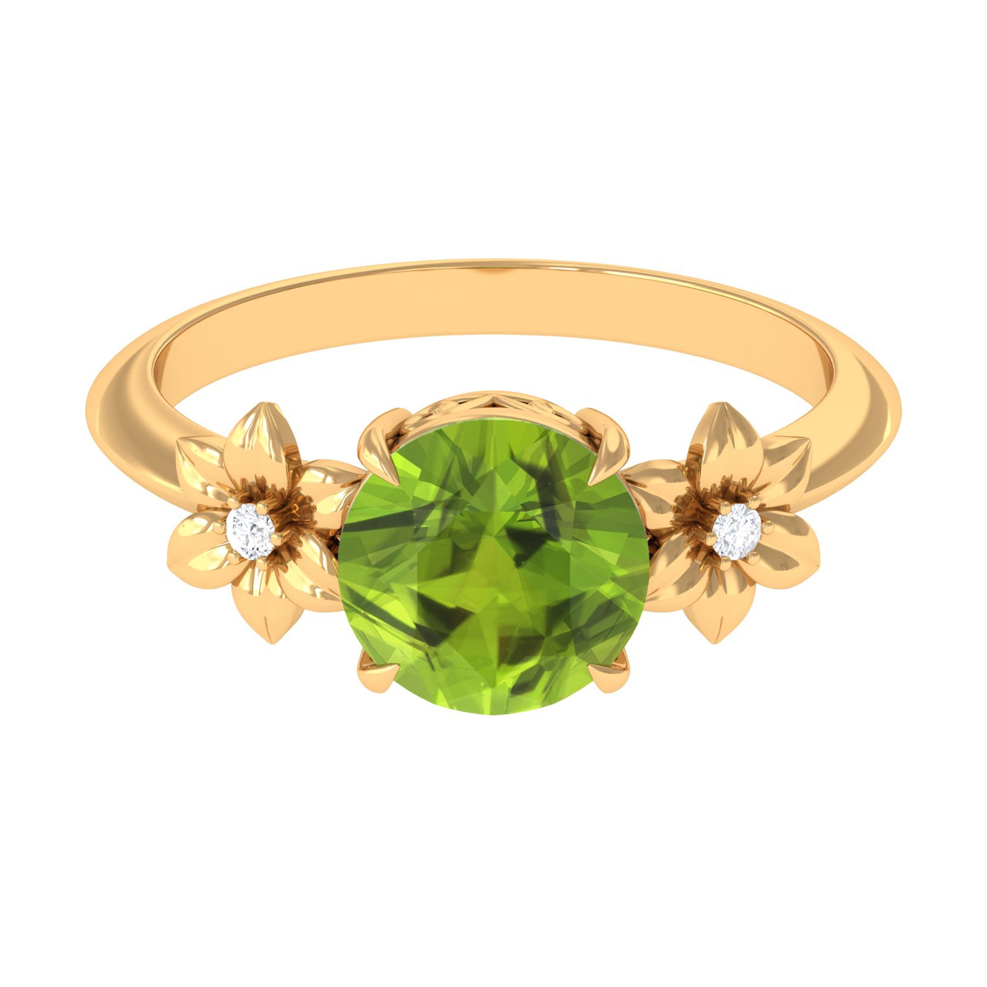 Round Peridot Solitaire Flower Engagement Ring with Diamond Peridot - ( AAA ) - Quality - Rosec Jewels