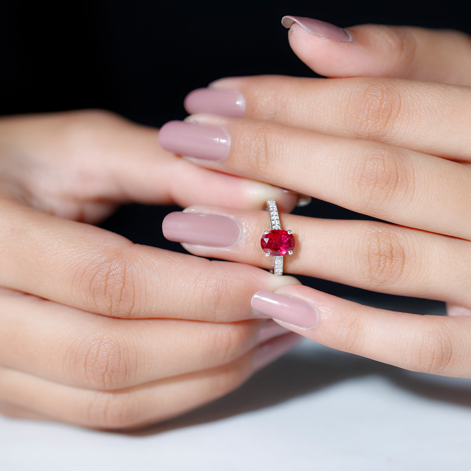 Oval Lab Grown Ruby Solitaire Ring with Moissanite Side Stones Lab Created Ruby - ( AAAA ) - Quality 92.5 Sterling Silver 6 - Rosec Jewels