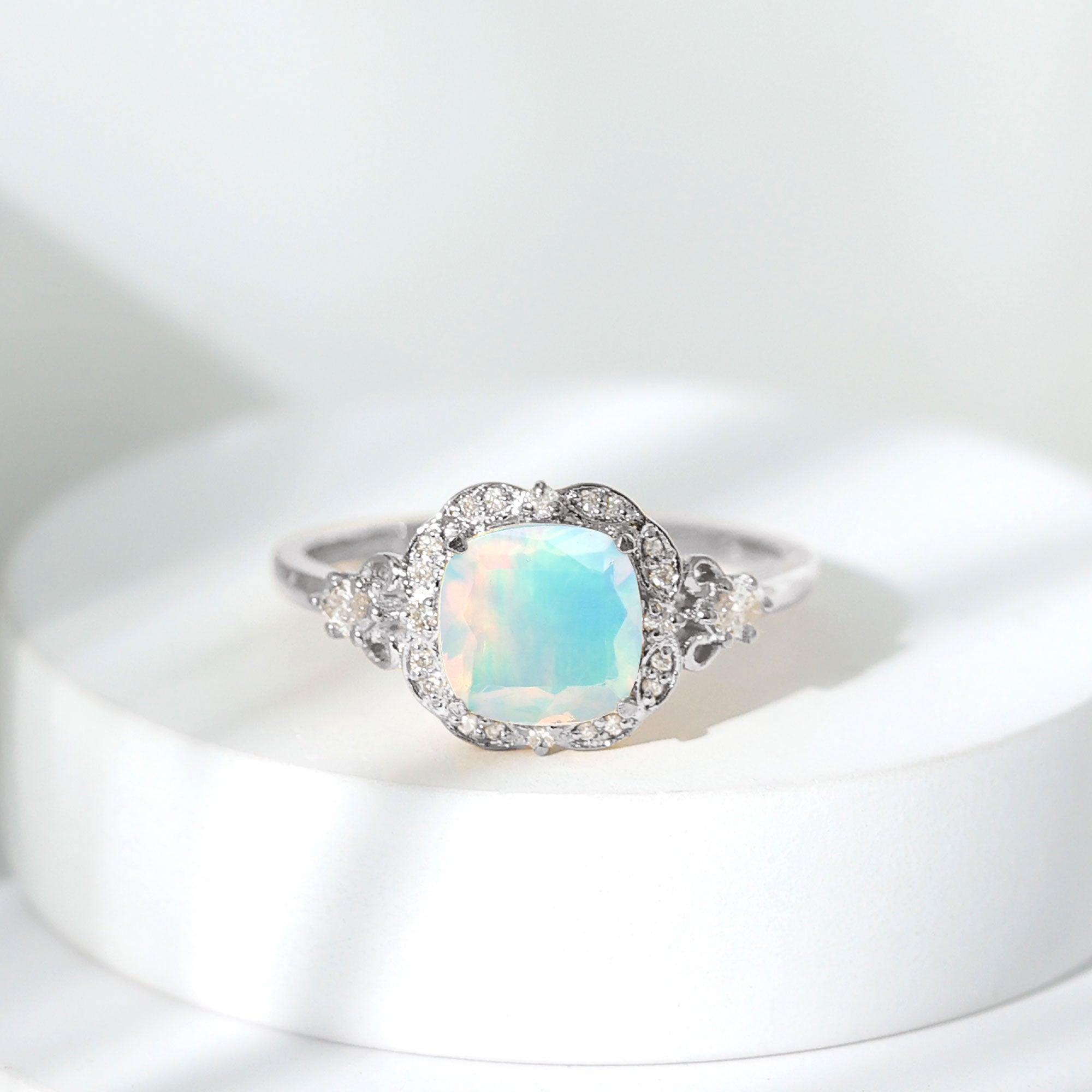 Cushion Cut Ethiopian Opal Cocktail Engagement Ring with Diamond Accent Ethiopian Opal - ( AAA ) - Quality - Rosec Jewels