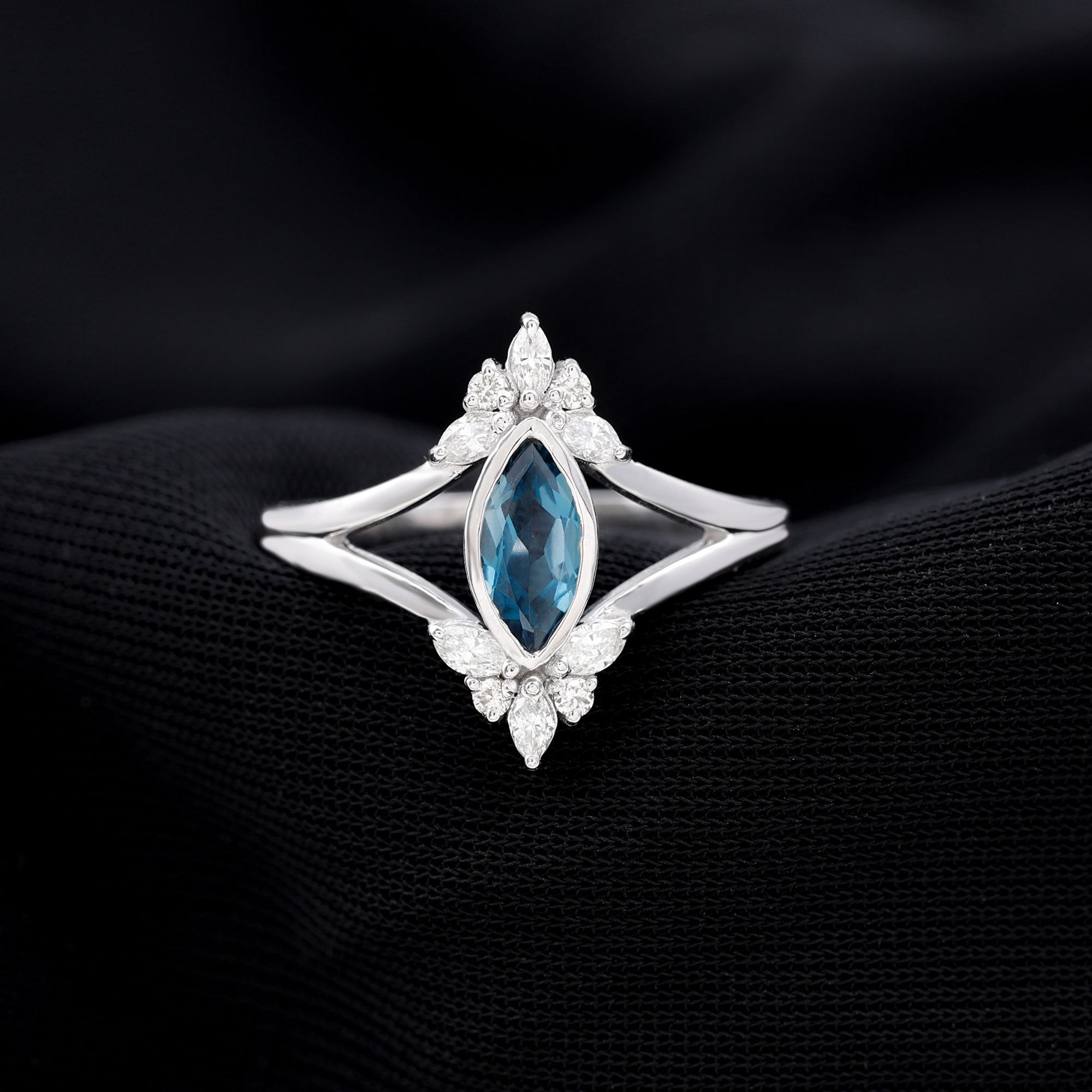 London Blue Topaz Split Shank Engagement Ring With Diamond London Blue Topaz - ( AAA ) - Quality - Rosec Jewels