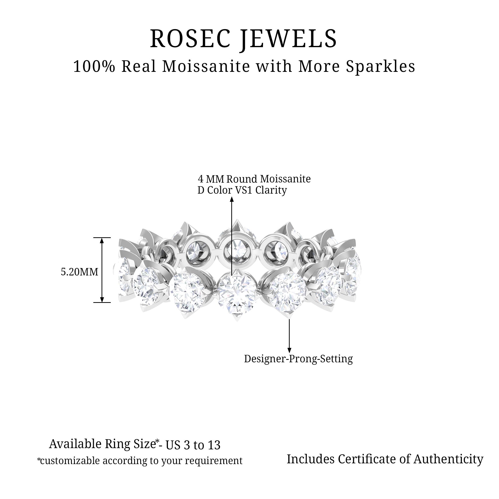 Designer Moissanite Eternity Band Ring Moissanite - ( D-VS1 ) - Color and Clarity - Rosec Jewels