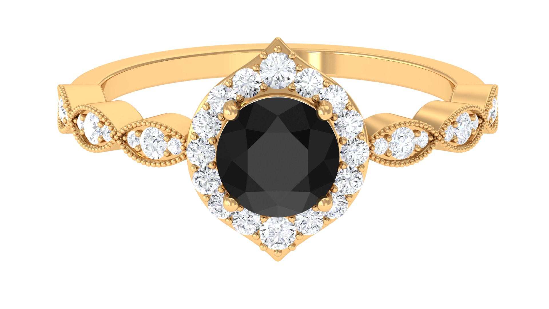 Vintage Style Black Spinel Engagement Ring with Diamond Accent Black Spinel - ( AAA ) - Quality - Rosec Jewels