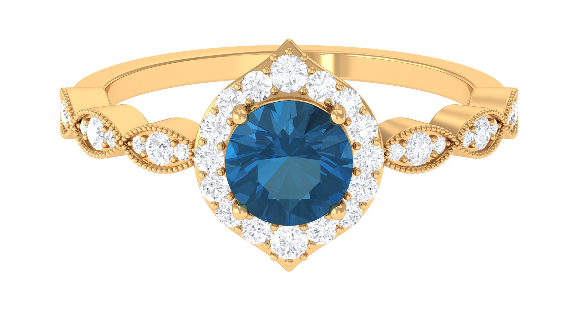 Vintage Style London Blue Topaz Engagement Ring with Diamond London Blue Topaz - ( AAA ) - Quality - Rosec Jewels