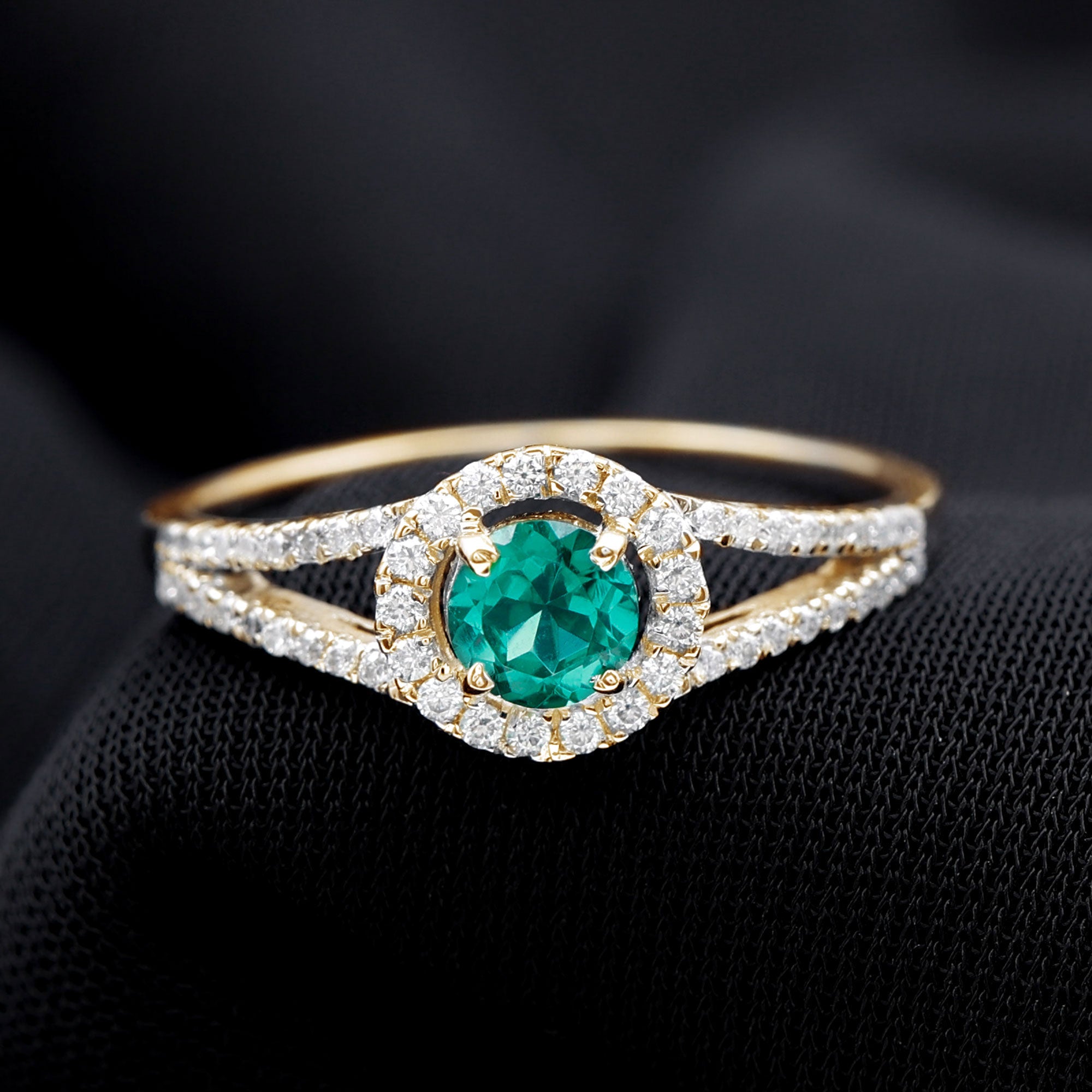 Lab Grown Emerald and Diamond Halo Engagement Ring in Split Shank Lab Created Emerald - ( AAAA ) - Quality - Rosec Jewels
