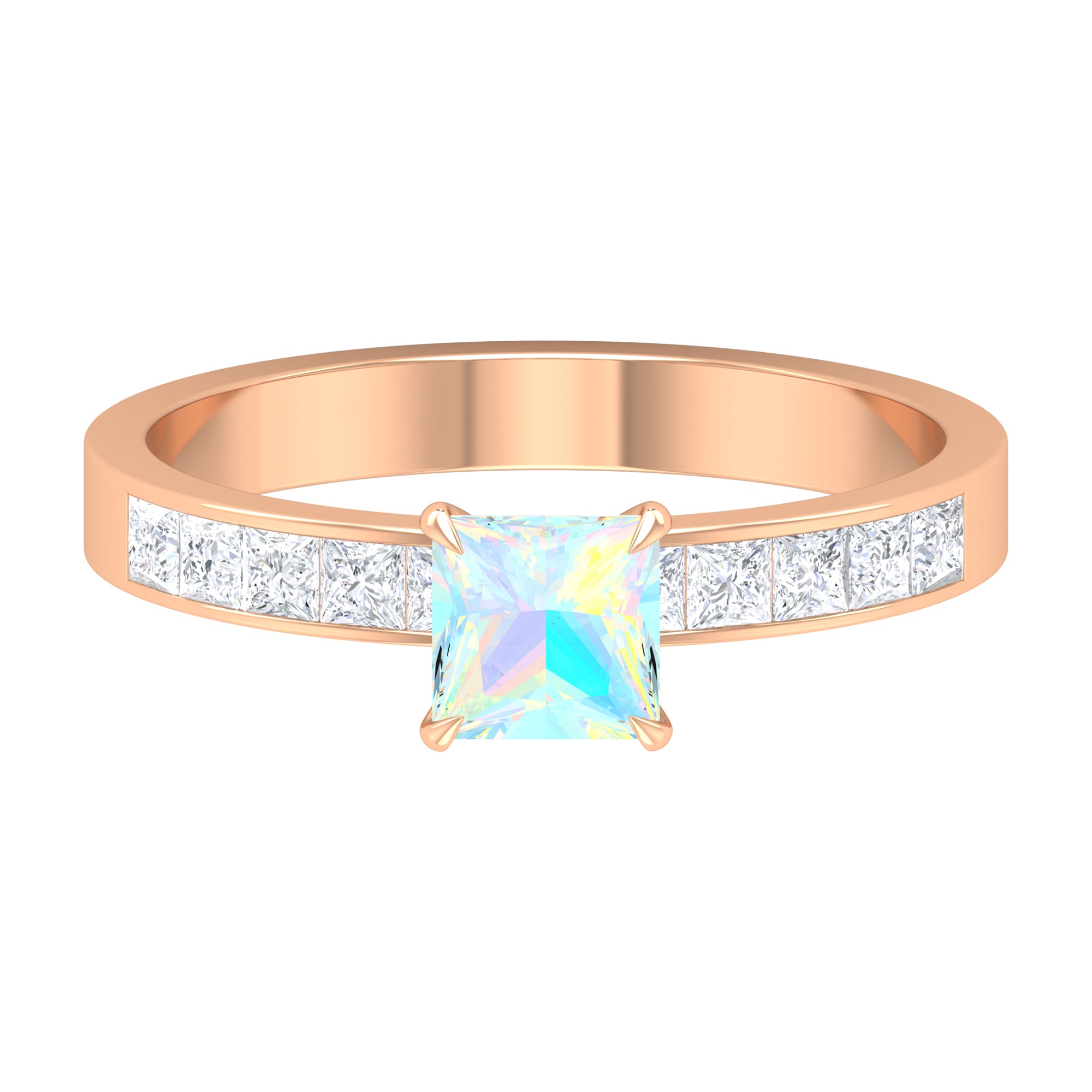 Princess Cut Ethiopian Opal Solitaire Ring with Diamond Side Stones Ethiopian Opal - ( AAA ) - Quality - Rosec Jewels