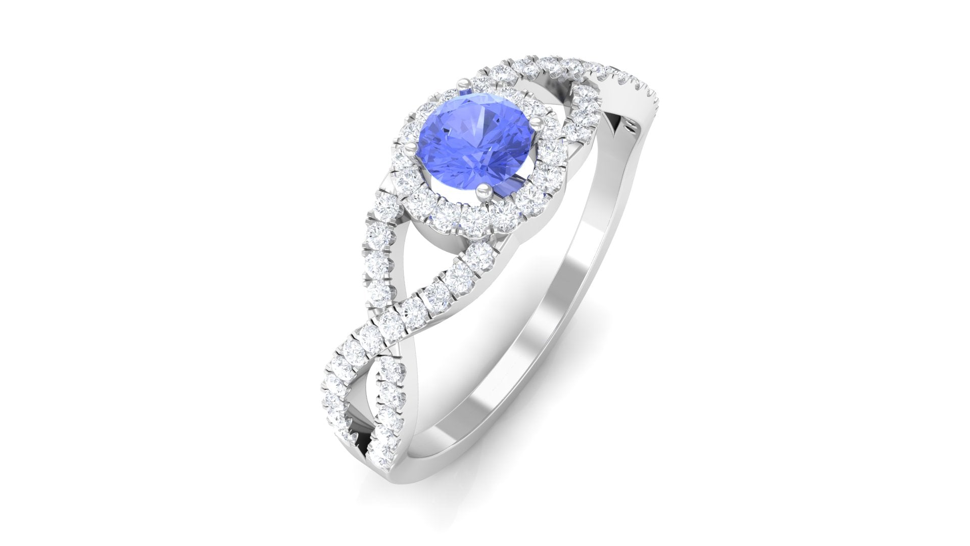 Round Tanzanite Crisscross Engagement Ring with Diamond Halo Tanzanite - ( AAA ) - Quality - Rosec Jewels