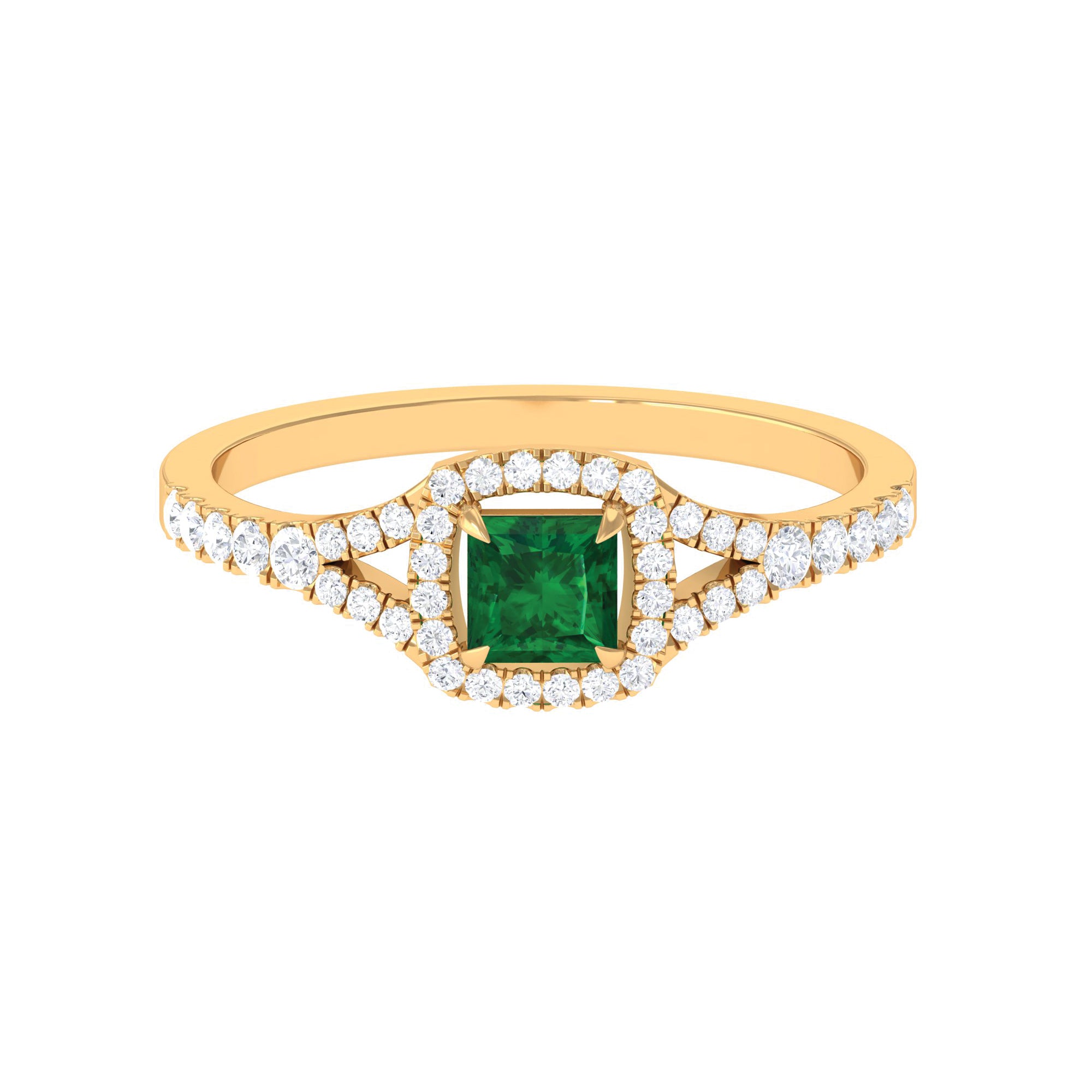 Princess Cut Lab Grown Emerald Designer Ring with Diamond Split Shank Lab Created Emerald - ( AAAA ) - Quality - Rosec Jewels