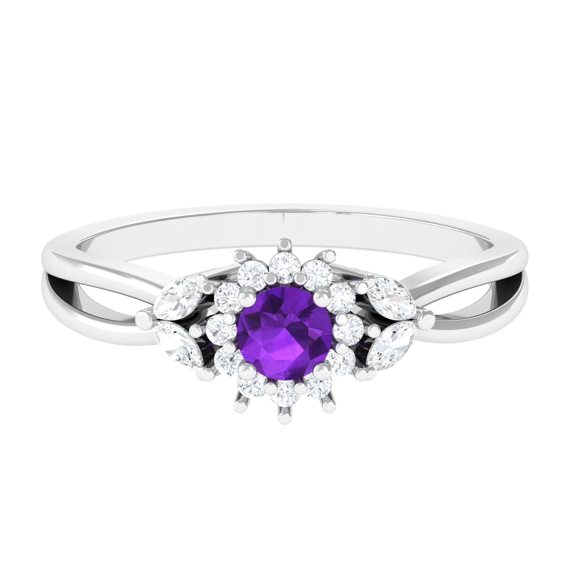 Split Shank Amethyst Flower Engagement Ring with Diamond Amethyst - ( AAA ) - Quality - Rosec Jewels