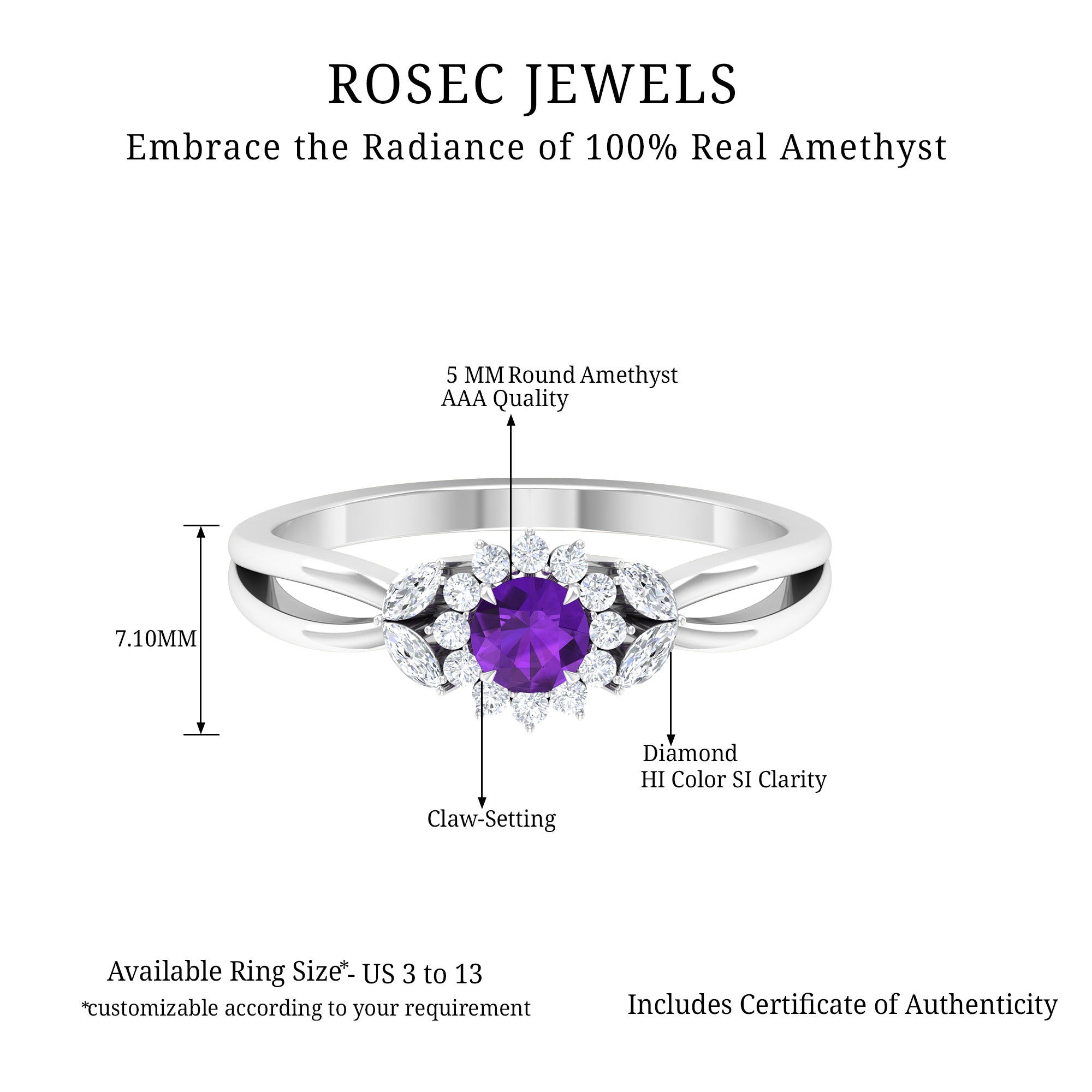 Split Shank Amethyst Flower Engagement Ring with Diamond Amethyst - ( AAA ) - Quality - Rosec Jewels