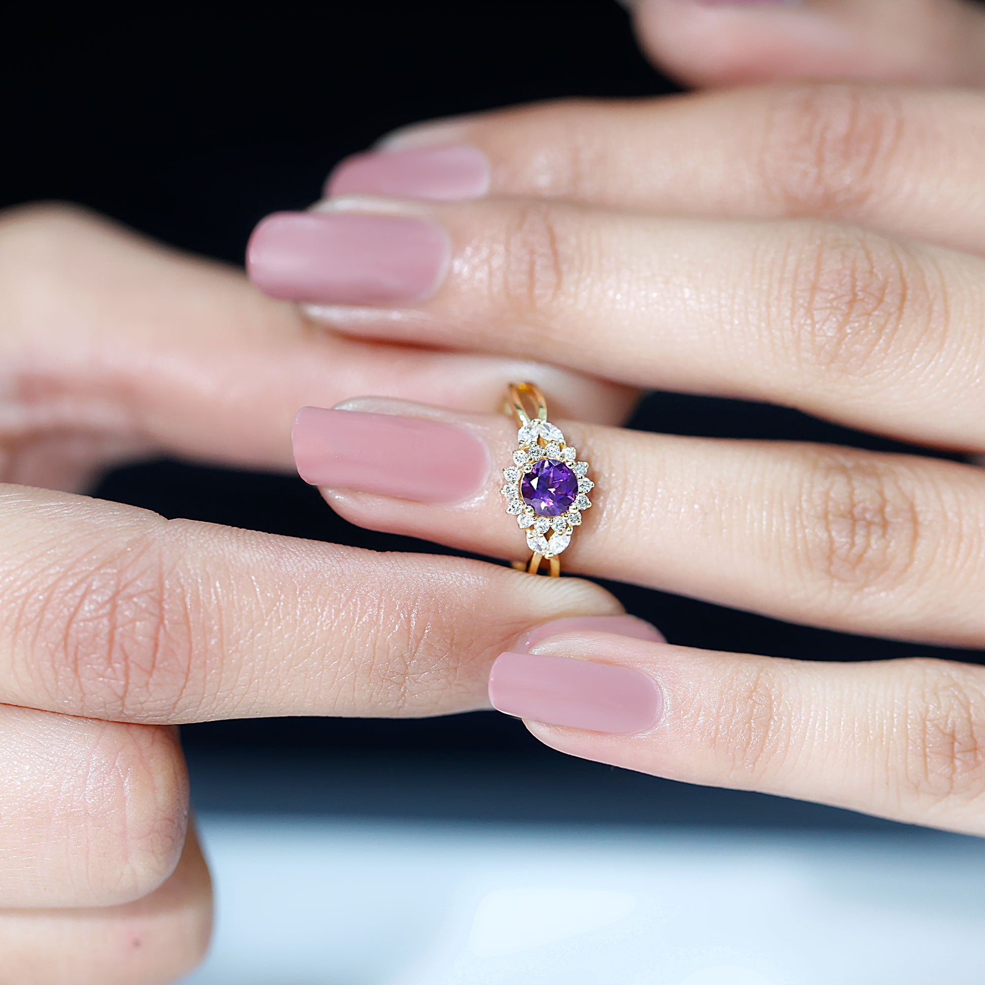 Split Shank Amethyst Flower Engagement Ring with Diamond Amethyst - ( AAA ) - Quality - Rosec Jewels