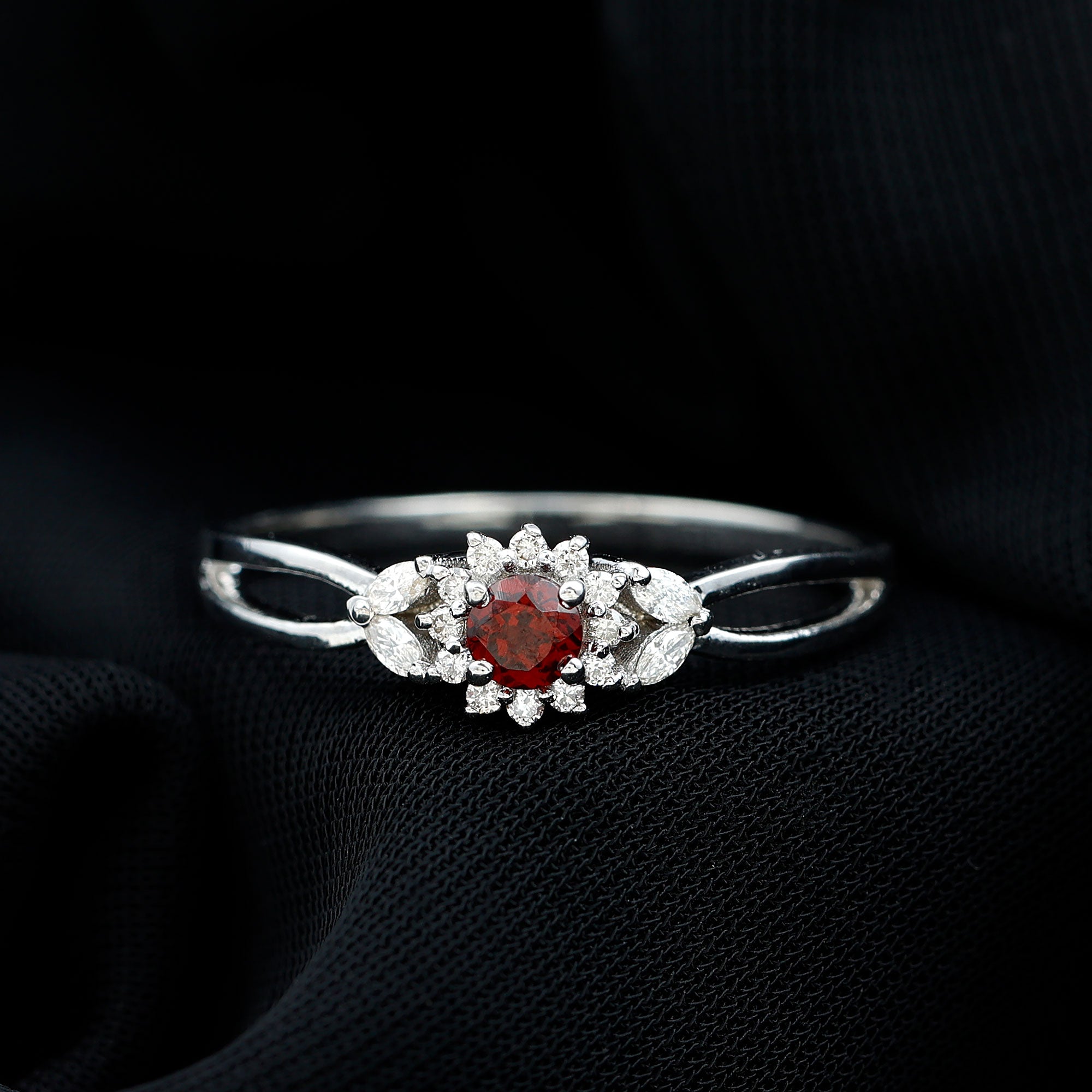 Split Shank Garnet Flower Engagement Ring with Diamond Garnet - ( AAA ) - Quality - Rosec Jewels