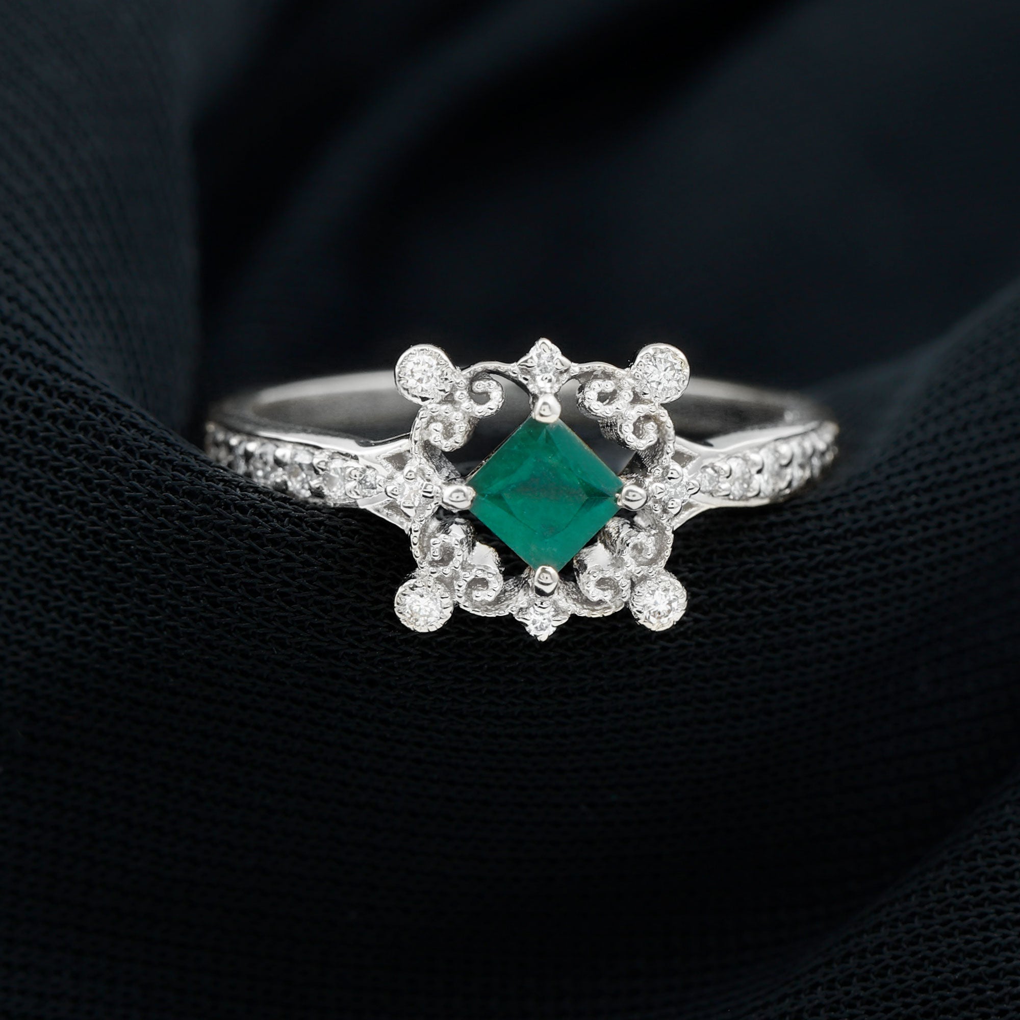 Antique Style Emerald and Diamond Engagement Ring with Beaded Detailing Emerald - ( AAA ) - Quality - Rosec Jewels
