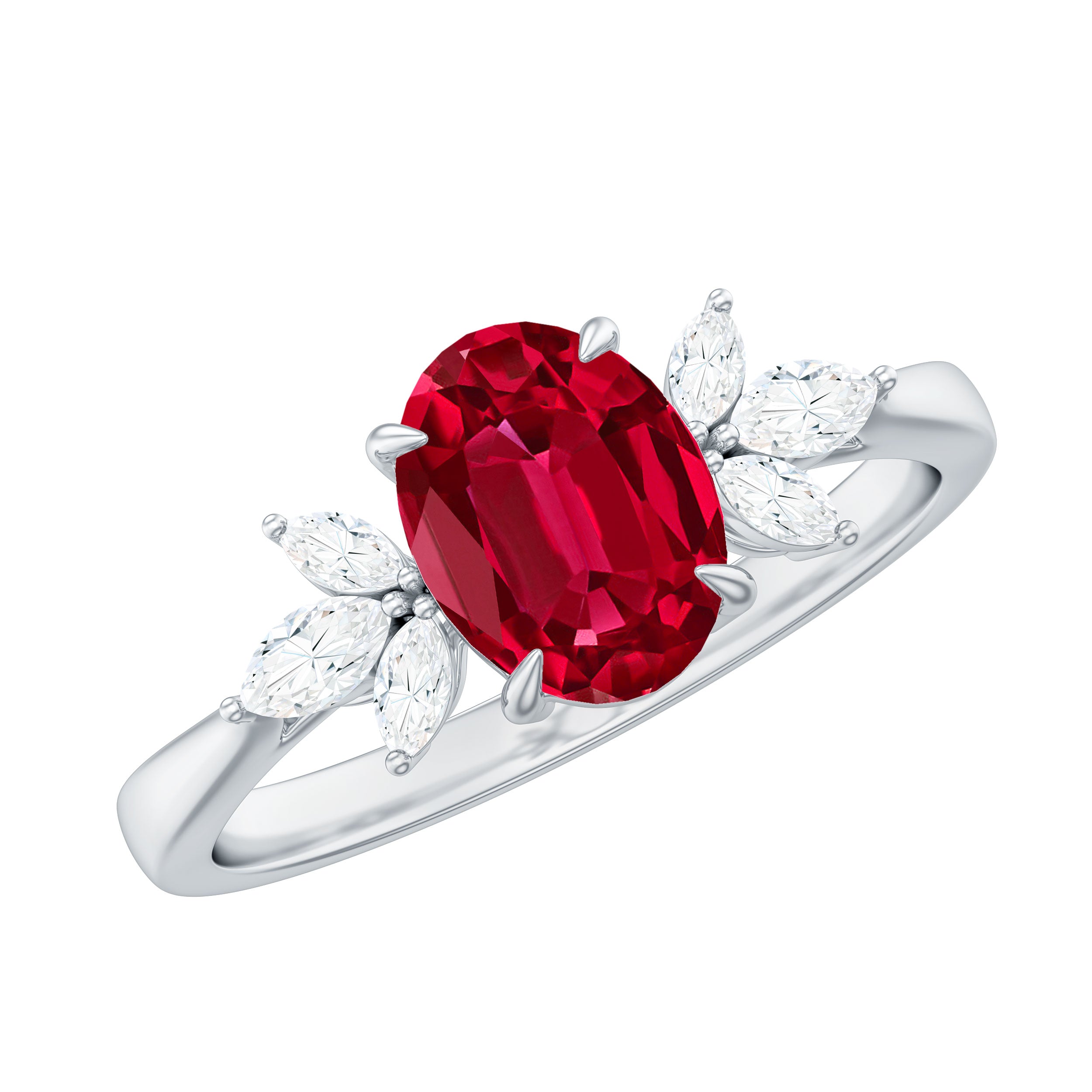 Claw Set Lab-Created Ruby Solitaire Ring with Marquise Diamond Trio Lab Created Ruby - ( AAAA ) - Quality - Rosec Jewels