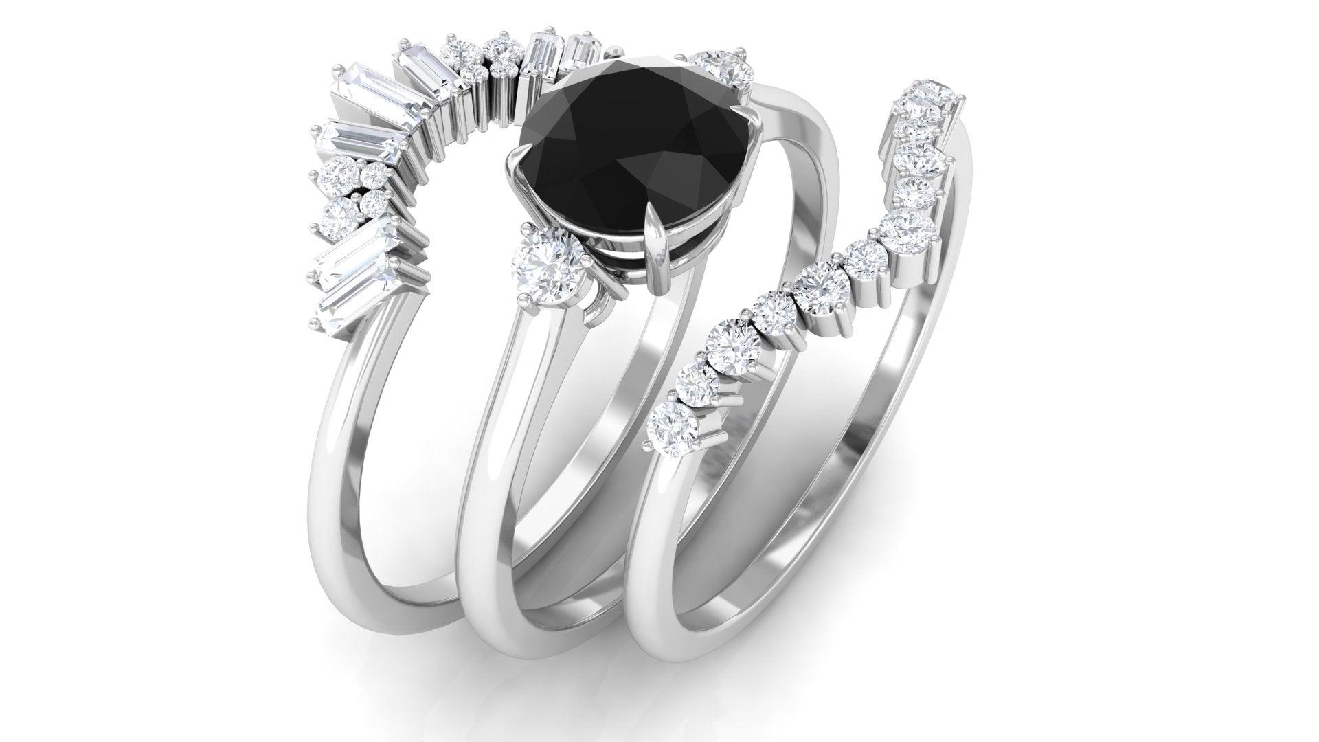 Round Black Spinel Designer Trio Wedding Ring Set with Moissanite Black Spinel - ( AAA ) - Quality - Rosec Jewels