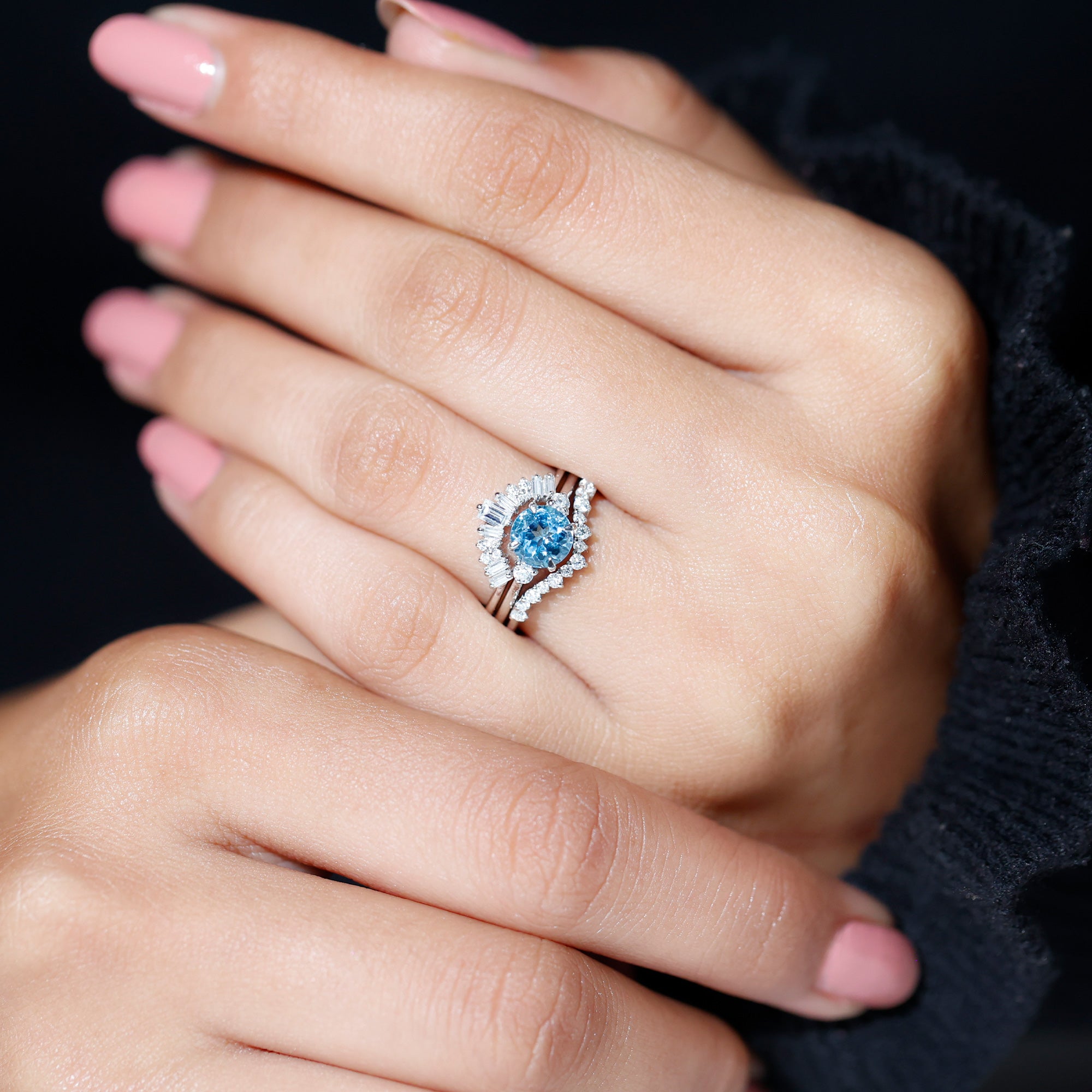 Round Swiss Blue Topaz Designer Trio Wedding Ring Set with Diamond Swiss Blue Topaz - ( AAA ) - Quality - Rosec Jewels