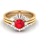 Round Created Ruby Designer Trio Wedding Ring Set with Diamond Lab Created Ruby - ( AAAA ) - Quality - Rosec Jewels