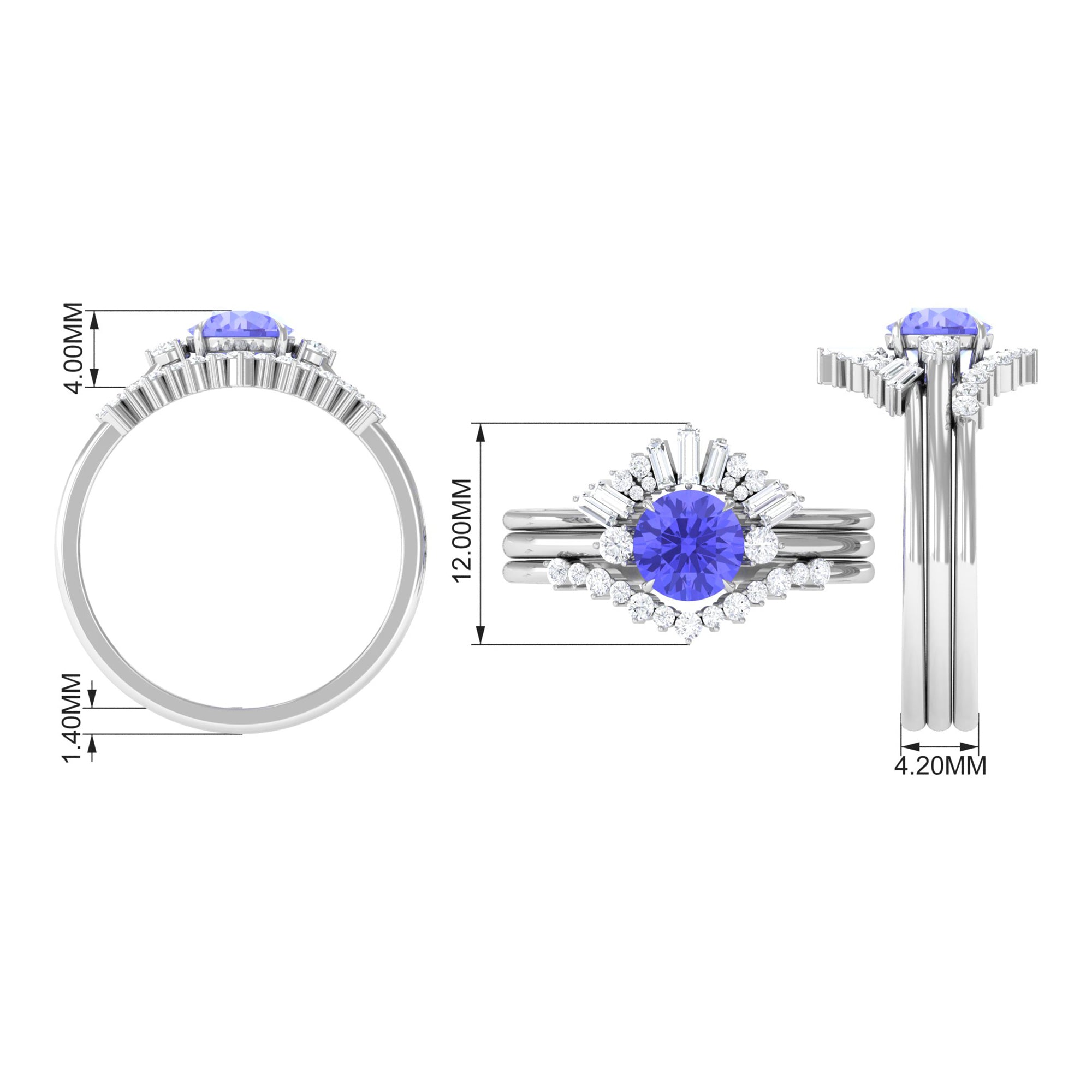 1.5 CT Round Tanzanite Designer Trio Wedding Ring Set with Diamond Tanzanite - ( AAA ) - Quality - Rosec Jewels