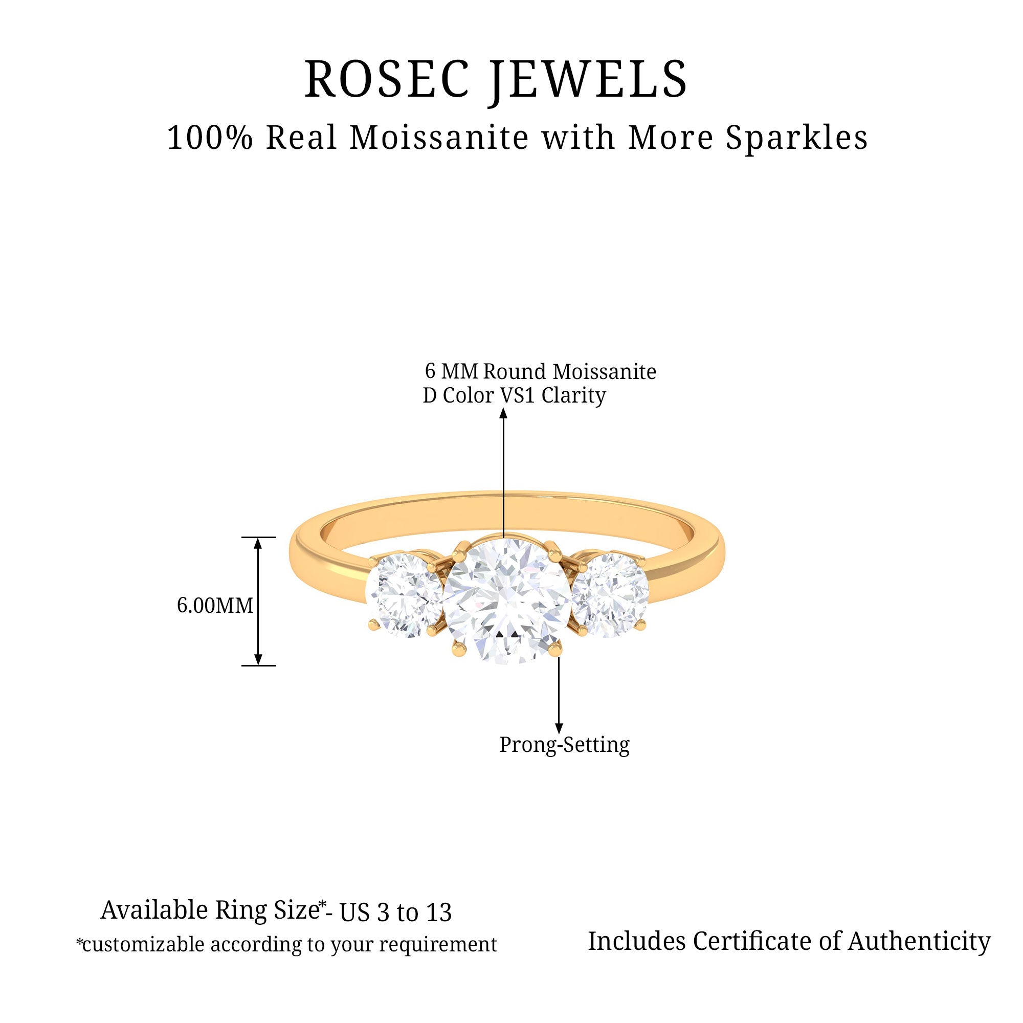 Certified Moissanite Three Stone Engagement Ring Moissanite - ( D-VS1 ) - Color and Clarity - Rosec Jewels