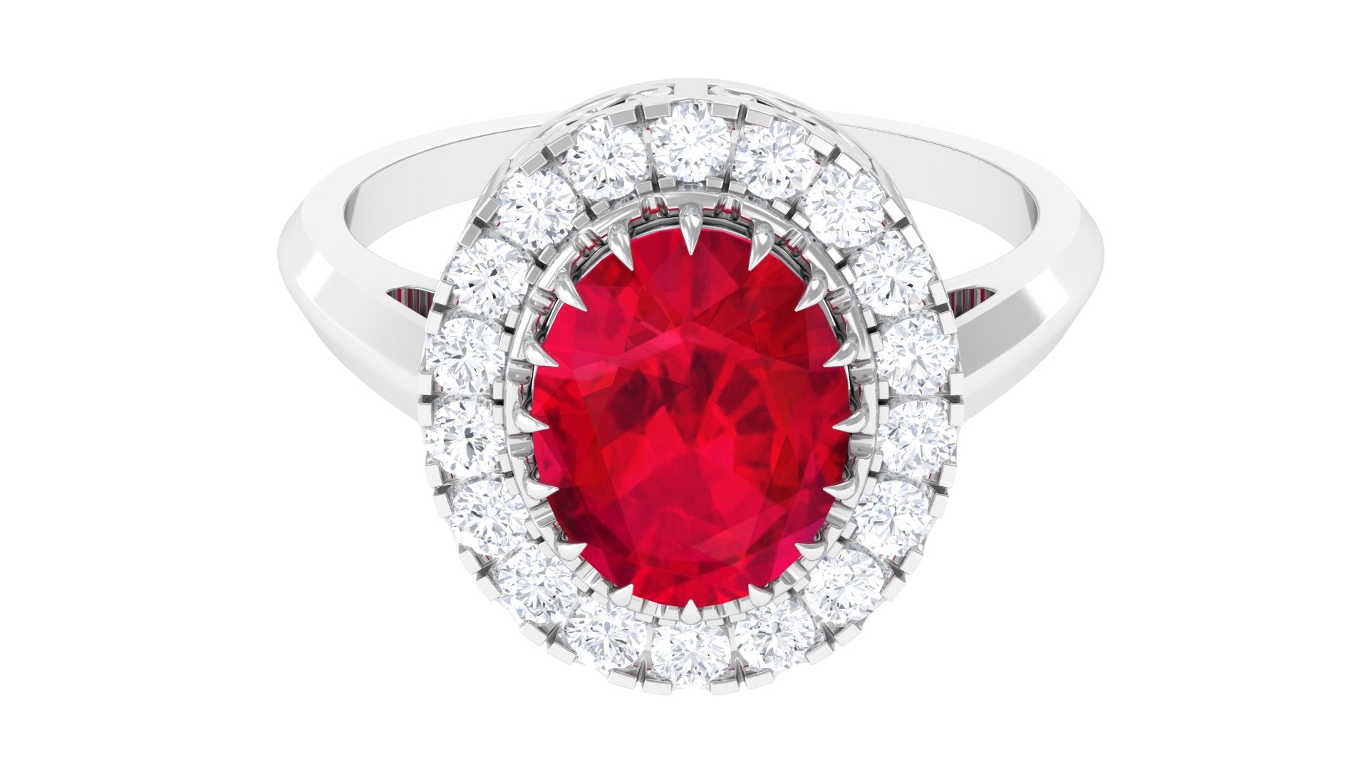 Oval Lab Grown Ruby and Moissanite Halo Engagement Ring Lab Created Ruby - ( AAAA ) - Quality - Rosec Jewels
