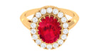 Oval Lab Grown Ruby and Moissanite Halo Engagement Ring Lab Created Ruby - ( AAAA ) - Quality - Rosec Jewels
